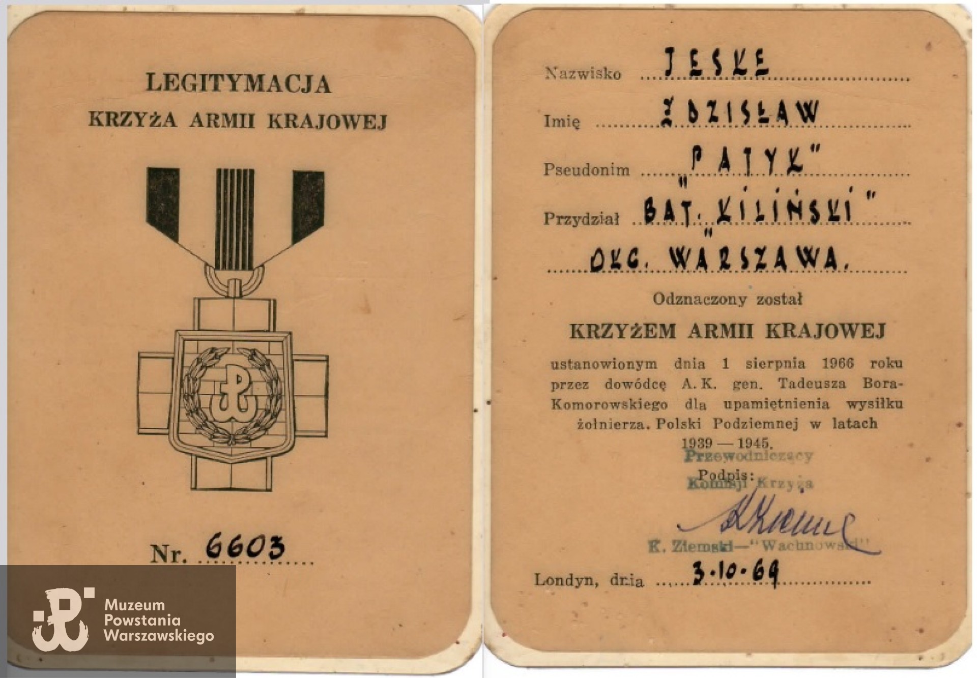 Legitymacja Krzyża Armii Krajowej. Skan udostępnił p. Przemysław Czarnocki