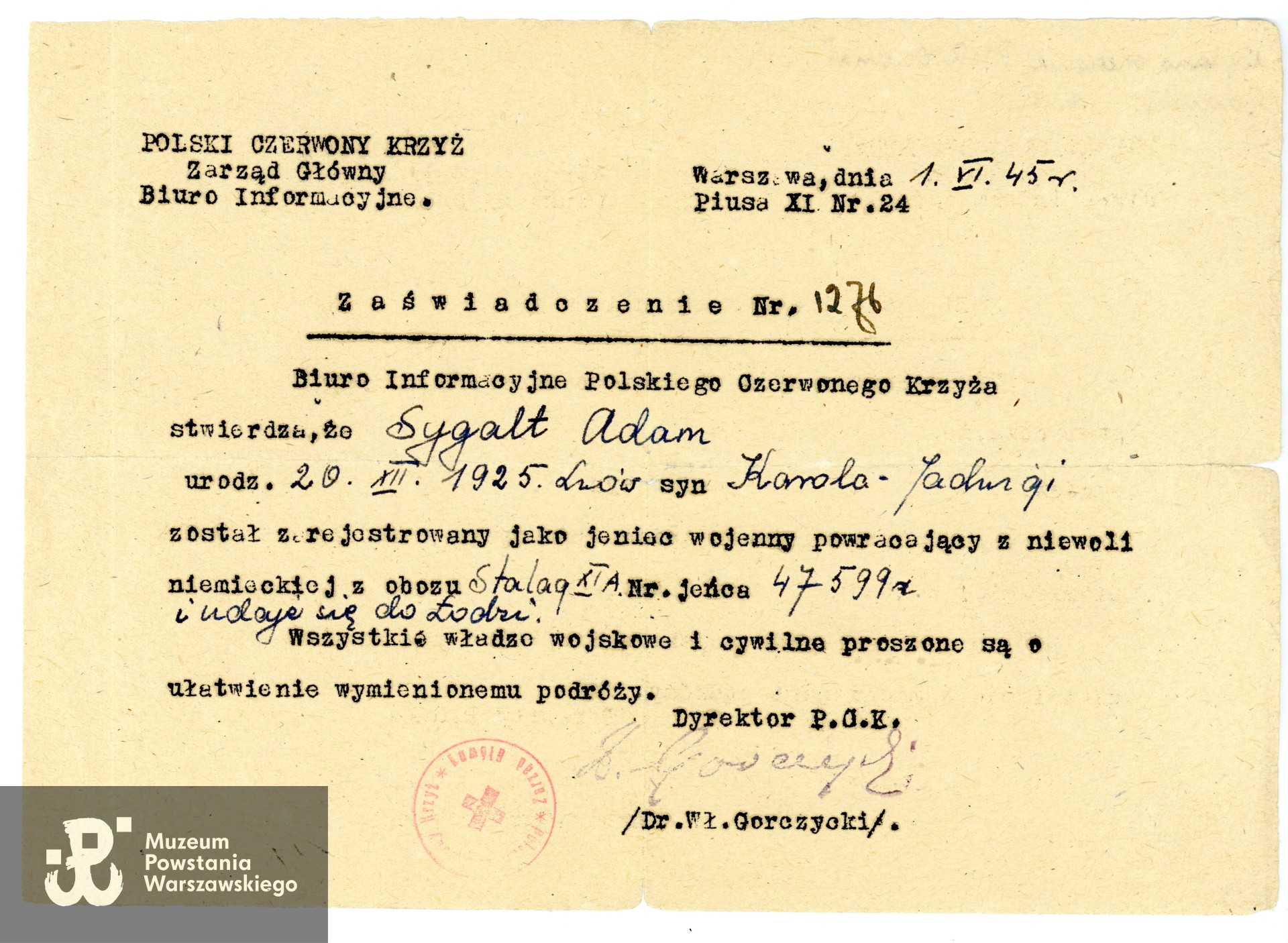 Zaświadczenie PCK z dnia 1.06.1945 roku. Ze zbiorów Muzeum Powstania Warszawskiego, sygn. P/9897, dar p. Ewy Sygalt-Synowieckiej i p. Mariusza Synowieckiego