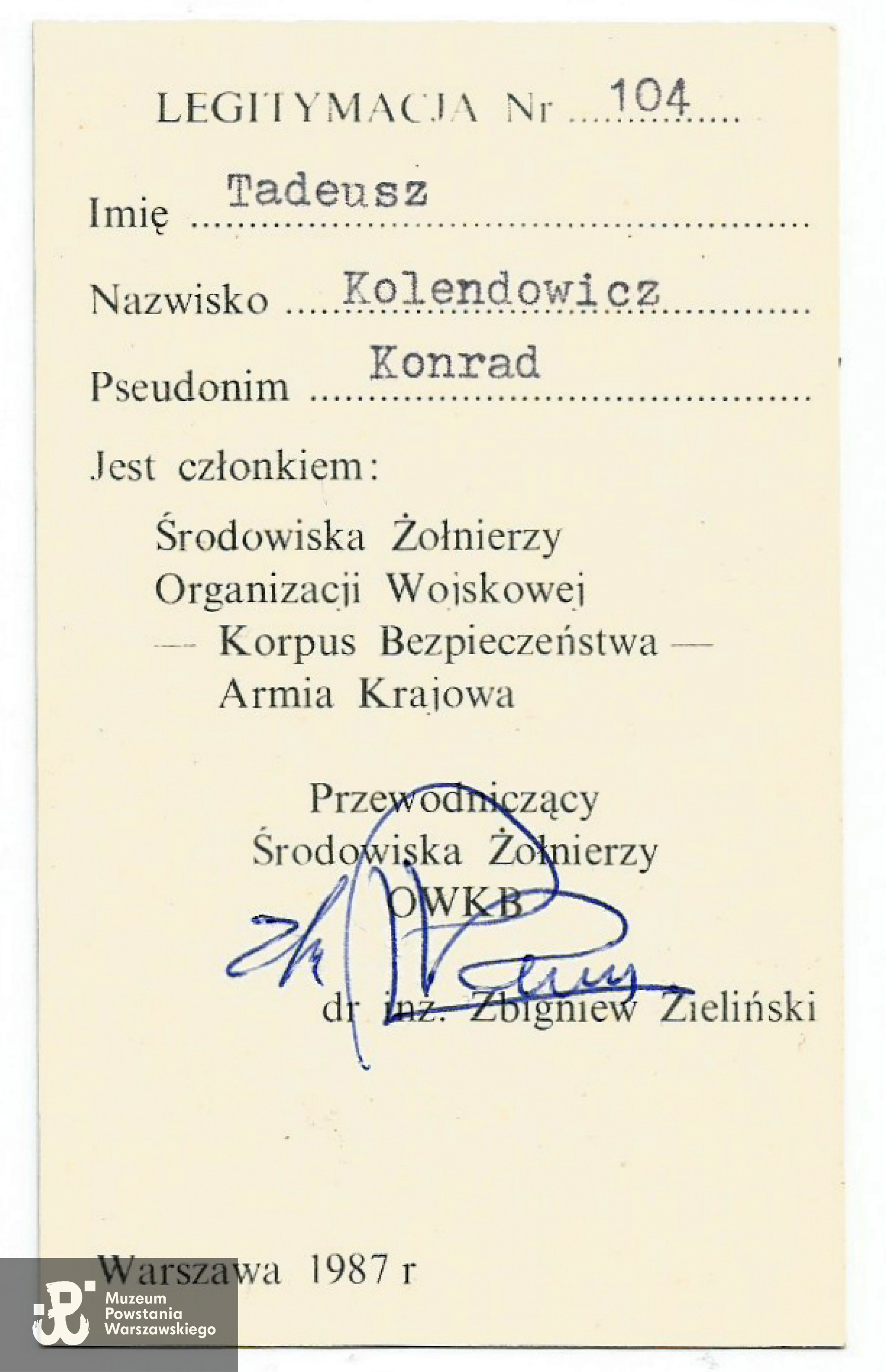 Legitymacja członkowska Środowiska Żołnierzy OW-KB - AK. Ze zbiorów rodzinnych p. Ewy Kolendowicz