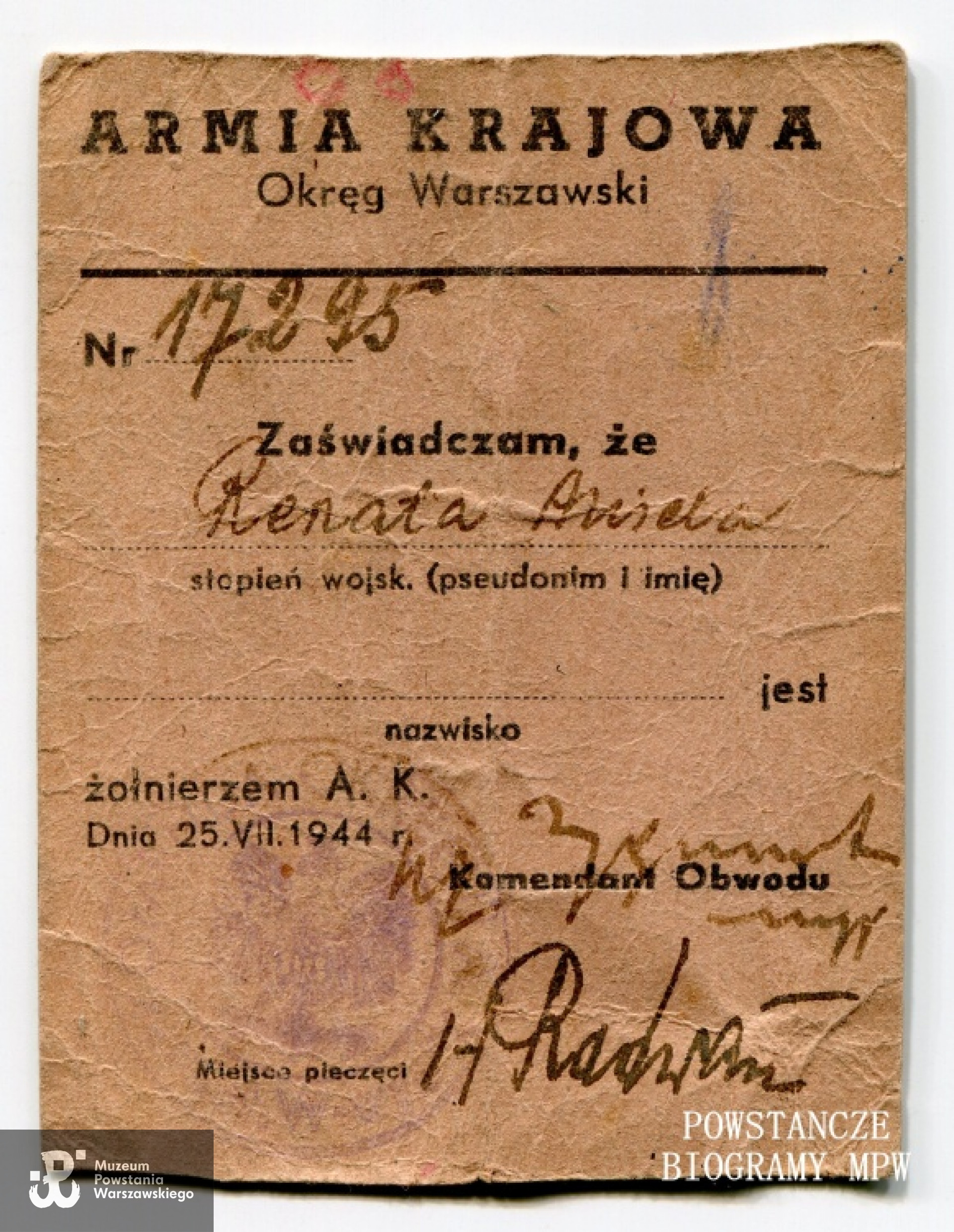 Legitymacja AK należąca do Anieli Braun. Z archiwum rodzinnego syna.