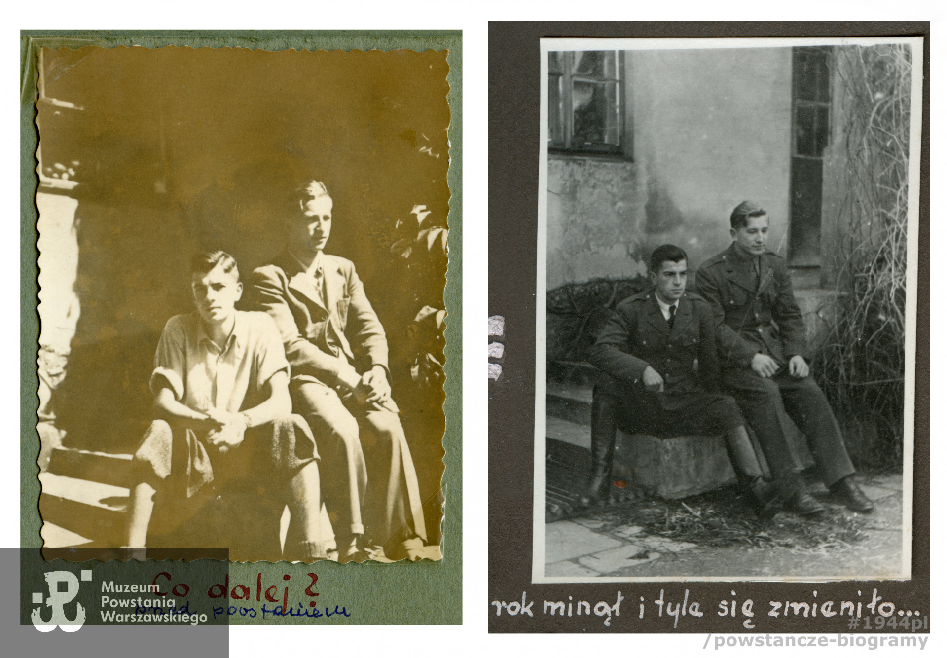 Na schodkach domu Stefaniaków – Lech Sedlaczek i Jan Stefaniak w tym samym miejscu w 1944r przed Powstaniem i tuż po wojnie: Lech po powrocie z obozu jenieckiego, Jan okaleczony w walce (bez lewej ręki). Fot. z archiwum rodzinnego p. Lecha Sedlaczka ps. Hak