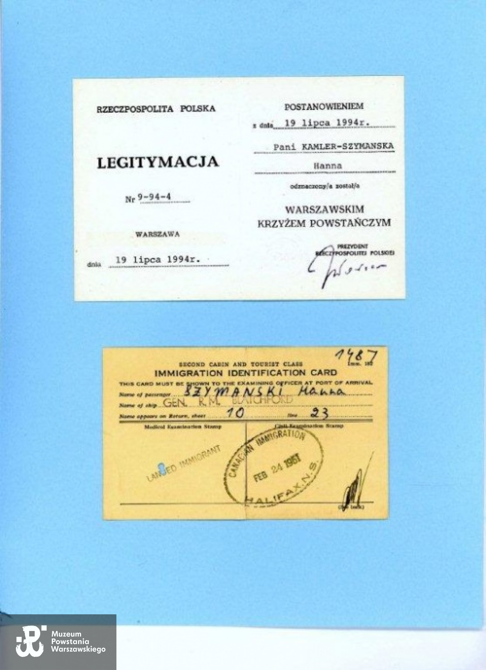 Legitymacja Warszawskiego Krzyża Powstańczego i Karta Emigracyjna - Halifax 1951