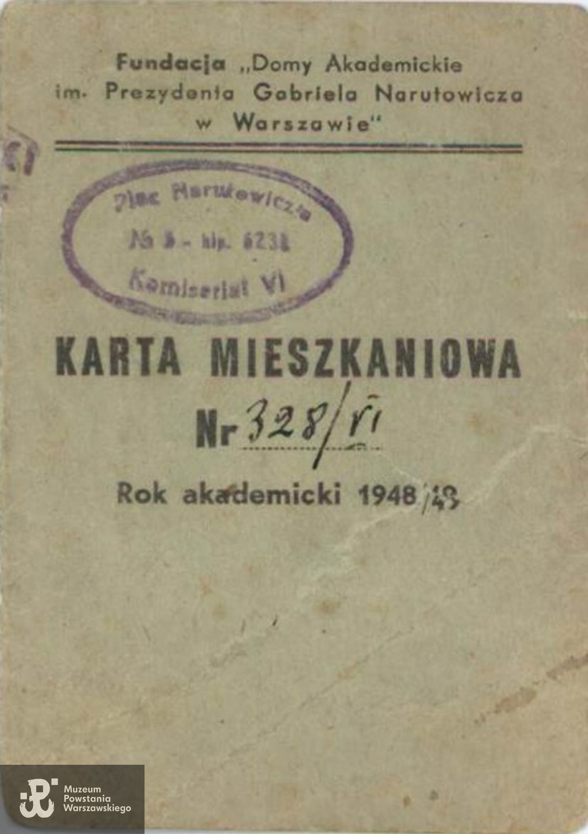 Karta mieszkaniowa Domów Akademickich w Warszawie przy pl. Narutowicza