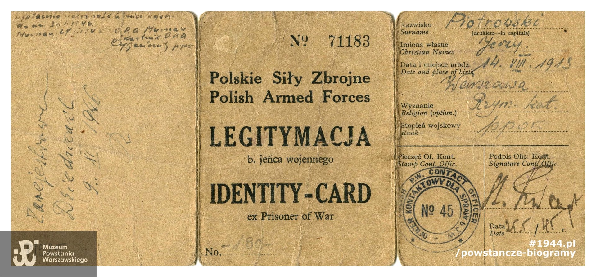 Legitymacja byłego jeńca wojennego.  Ze zbiorów Muzeum Powstania Warszawskiego, sygn. MPW-A-2172 (P/525)