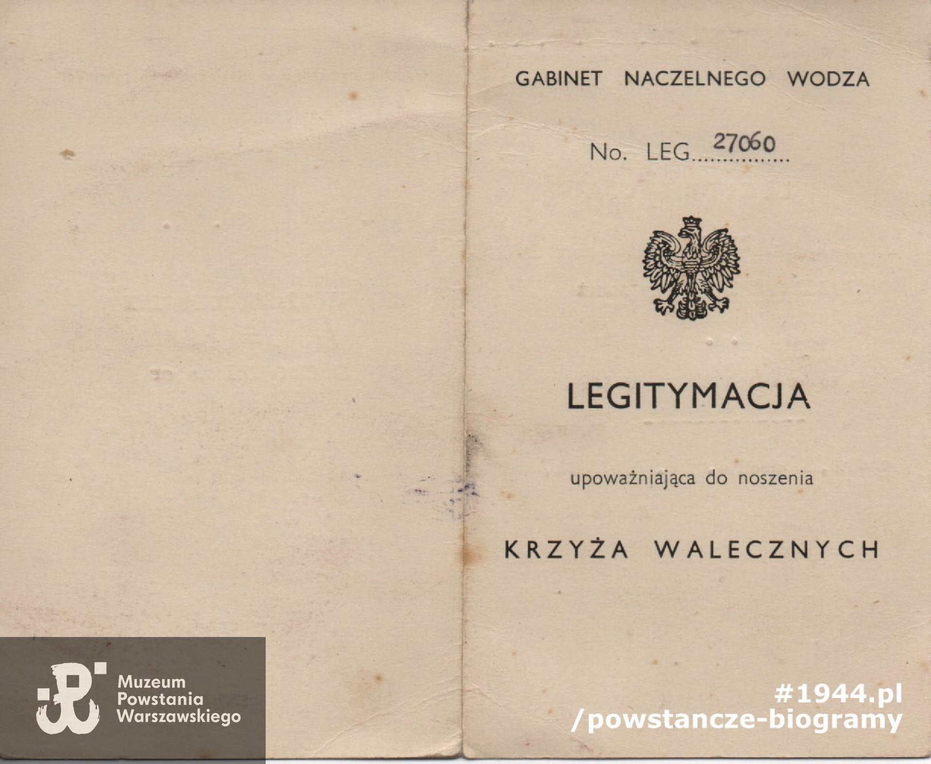 Legitymacja odznaczeniowa - Krzyż Walecznych.  Ze zbiorów rodzinnych p. Ryszarda Malinowskiego.