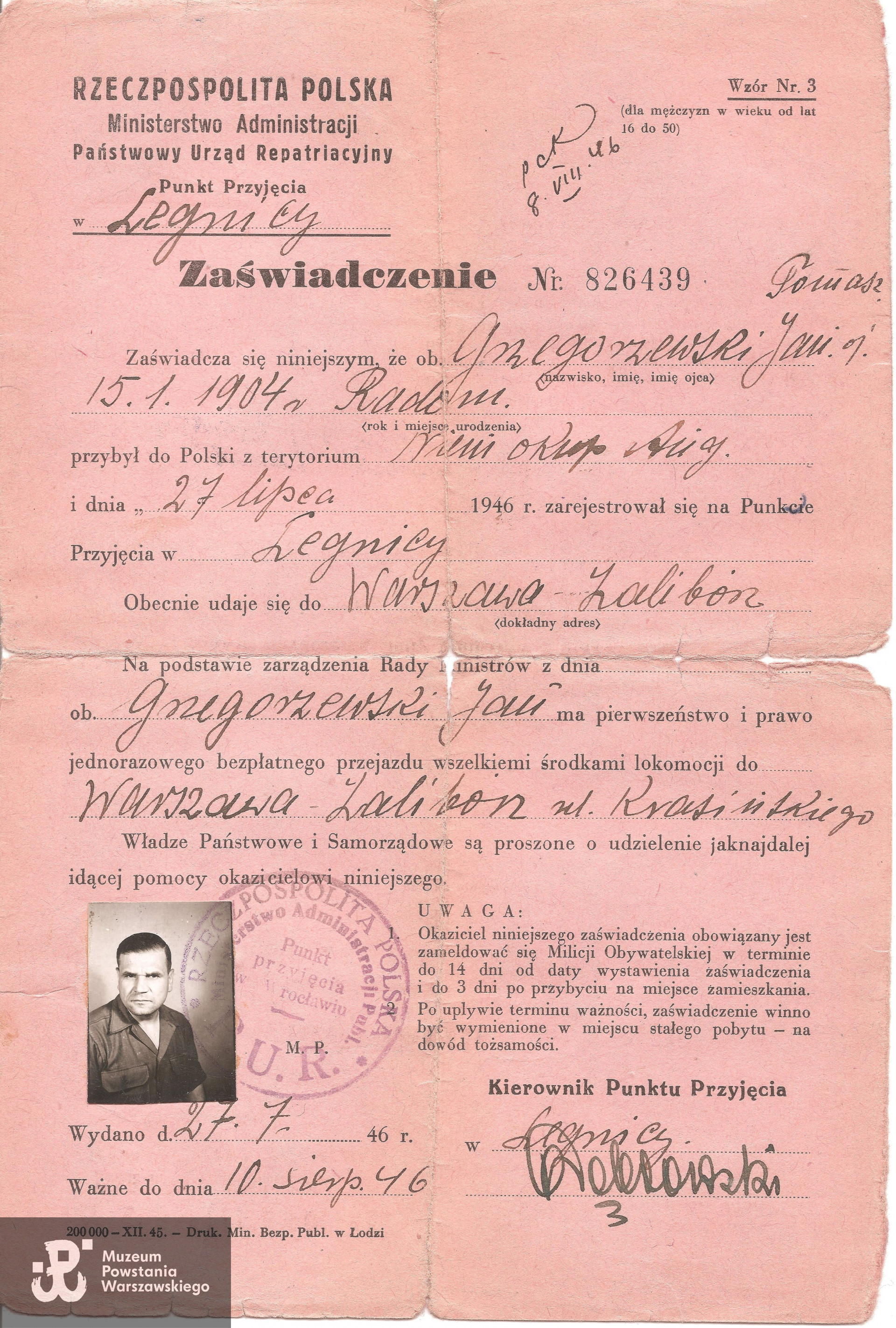 Zaświadczenie P.U.R. Z archiwum rodzinnego córki,  p. Wandy Grzegorzewskiej - Zylm udostępniła p. Monika Zylm - Kosiedowska