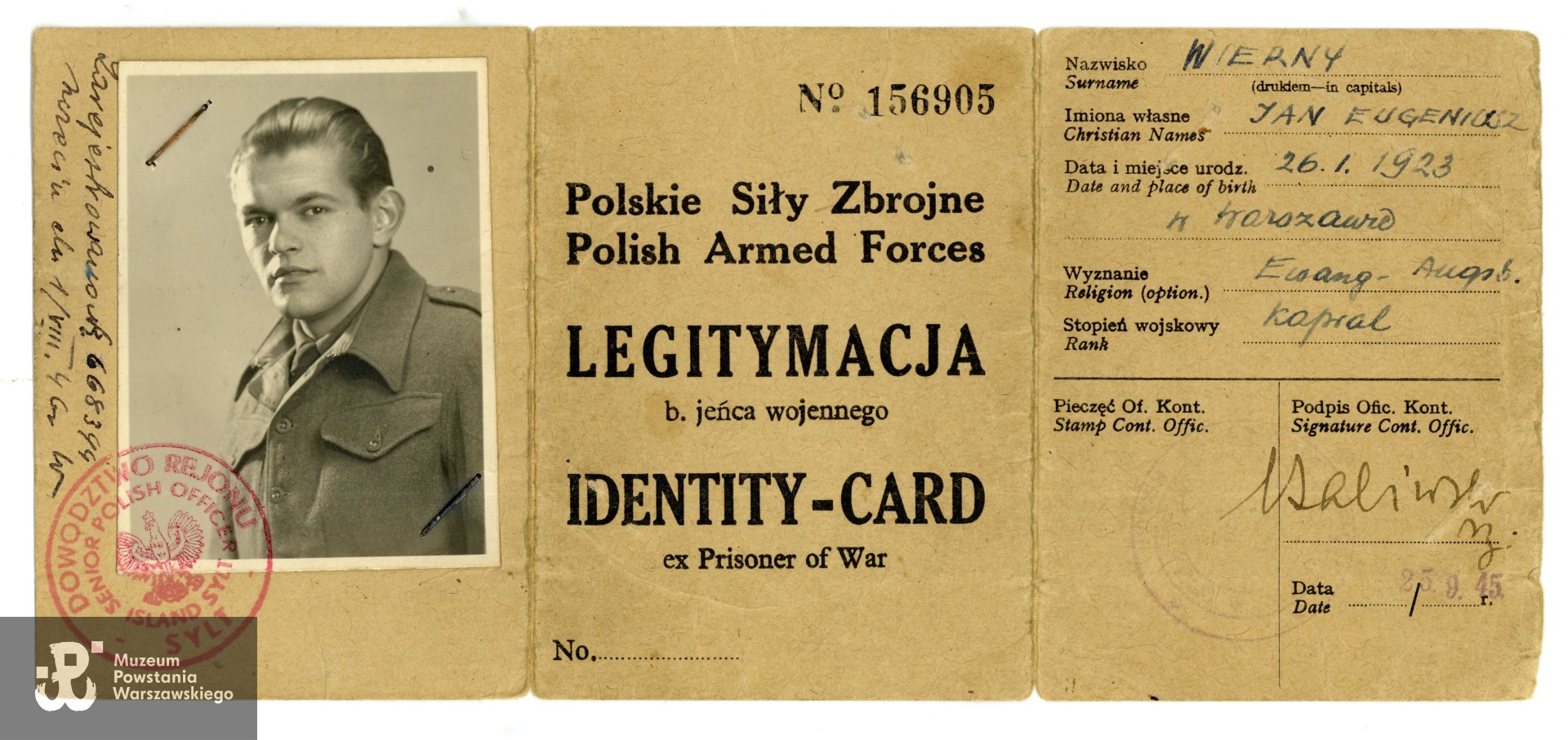 Należąca do Jana Wiernego Legitymacja Byłego Jeńca Wojennego.  Ze zbiorów rodzinnych p. Joanny Lechowicz, córki Powstańca. Skany wykonano w Muzeum Powstania Warszawskiego wiosną 2025 r. 