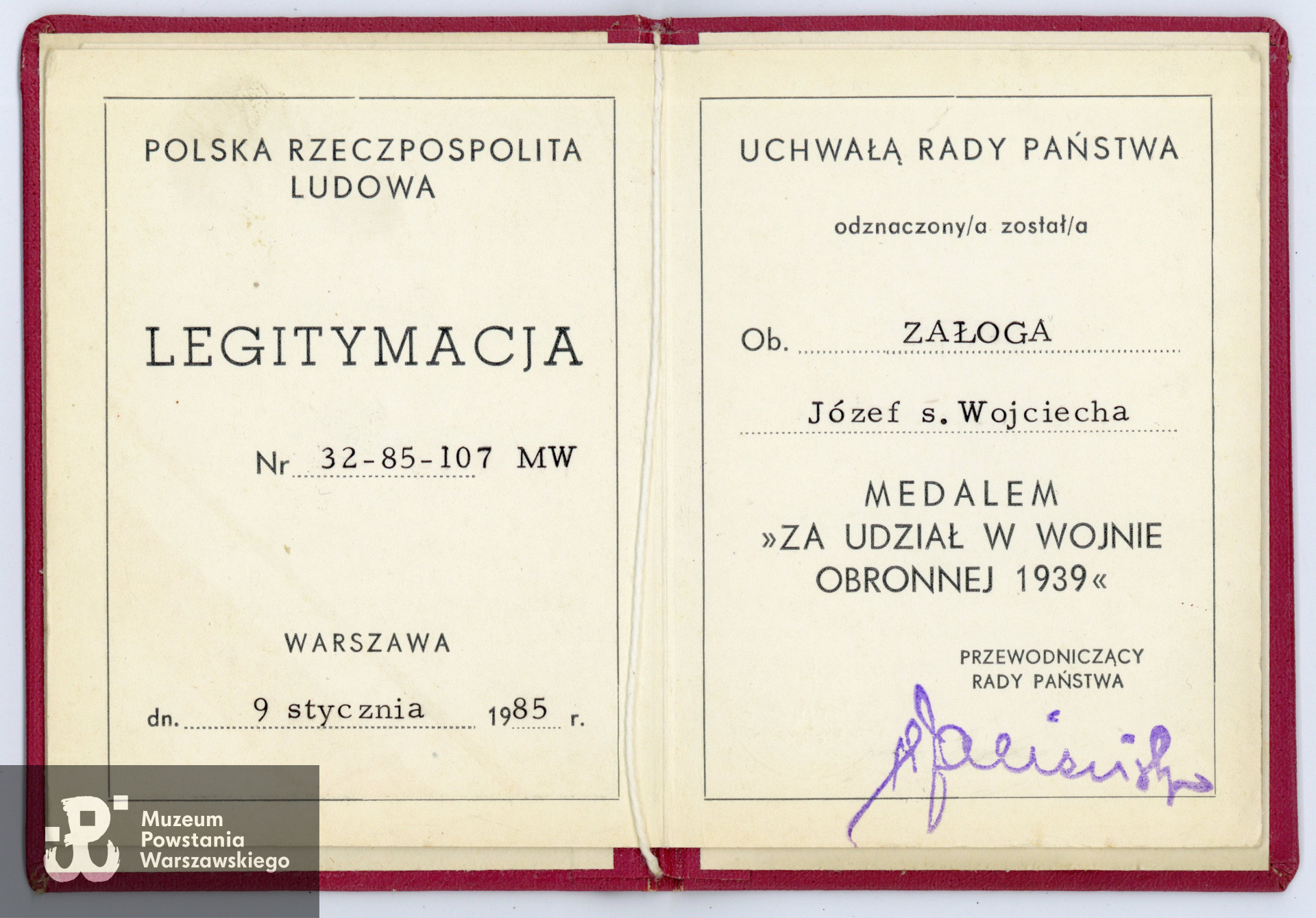 Legitymacja odznaczeniowa - Medal za udział w Wojnie Obronnej 1939. Zbiory rodzinne, udostępniła  córka, p. Izabela Rola z domu Załoga