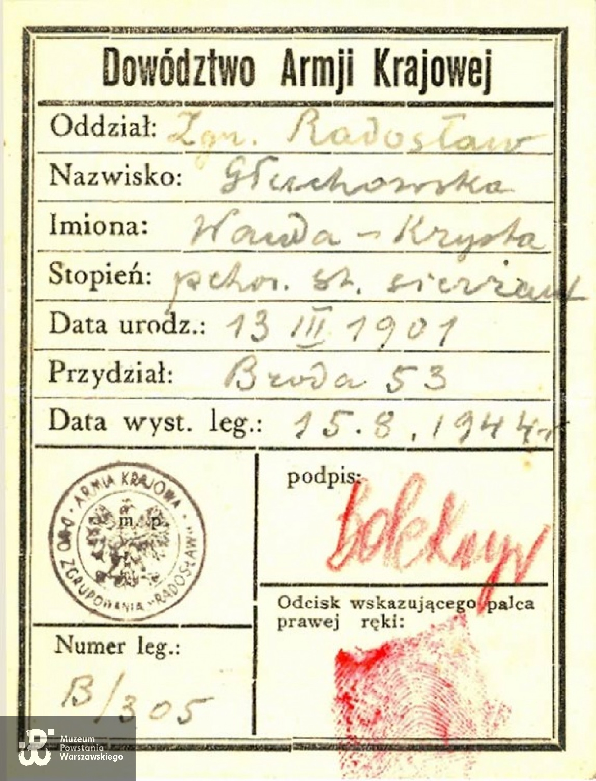 Legitymacja powstańcza podpisana przez szefa sztabu zgrupowania "Radosław" mjr. "Bolka" - Wacława Janaszka. Fot. archiwum rodzinne.