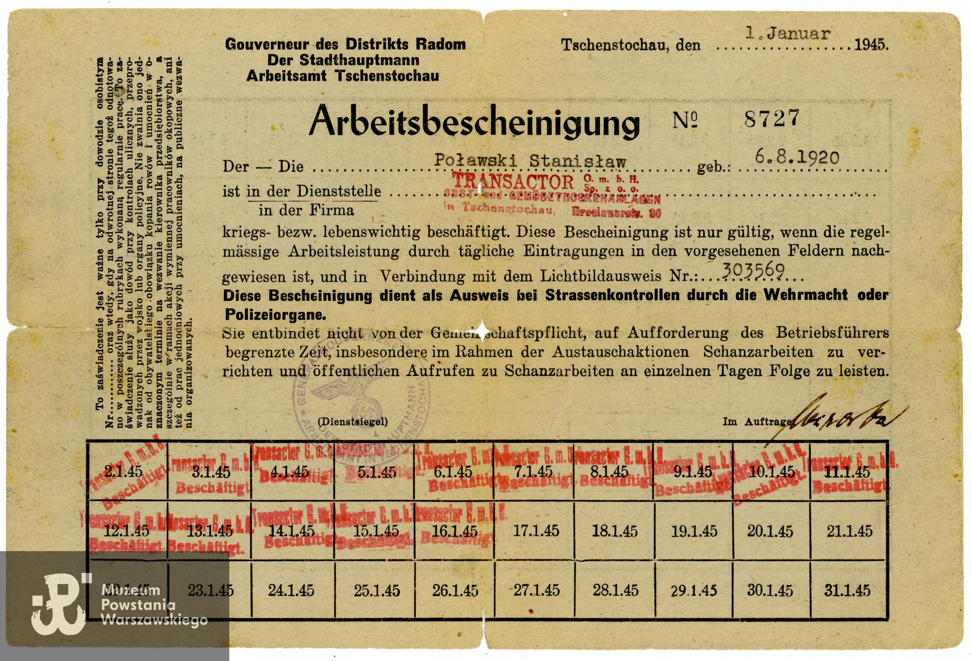 Świadectwo pracy (Arbeitsbescheinigung). Dokument z archiwum rodzinnego p. Pawła Poławskiego, syna Powstańca. Skan wykonano w Muzeum Powstania Warszawskiego w grudniu 2023. 