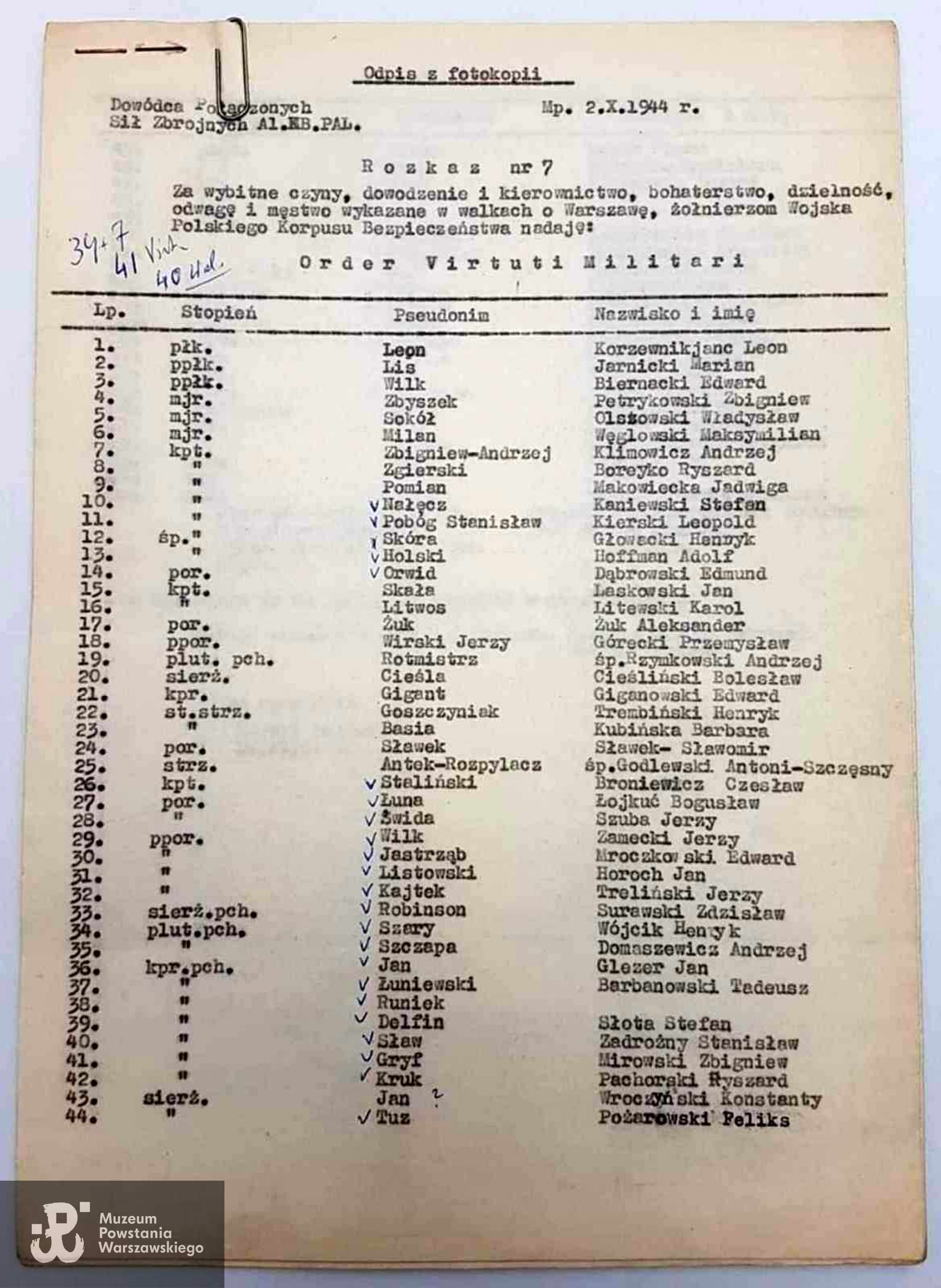 Odpis z rozkazu nr 7 Dowódcy Połączonych Sił Zbrojnych AL, PAL i KB z dnia 2.10.1944 o nadaniu żołnierzom Orderu Wojennego Virtuti Militari. Dokument pochodzący z materiałów p. Iwony Paciok i  Stowarzyszenia Strażackiego Ruchu Oporu "SKAŁA", skan udostępniła p. Iwona Paciok, dzięki uprzejmości p. Arkadiusza Guzik-Stefaniaka, Prezesa Stowarzyszenia. 12/2023