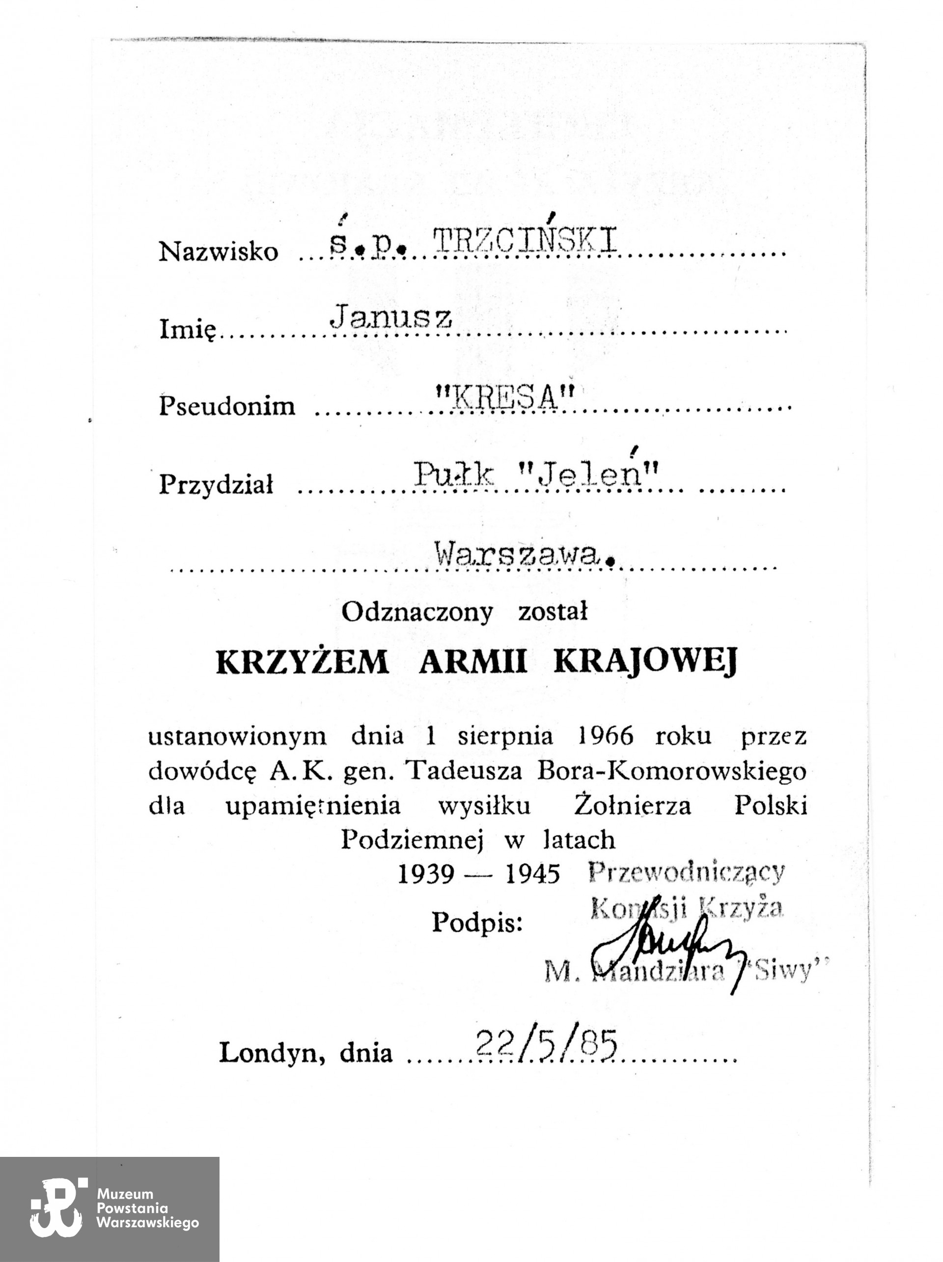 Muzeum Powstania Warszawskiego, Teczki personalne uczestników PW: Trzciński Janusz „Kresa", zbiory Pokoju Kombatanta MPW