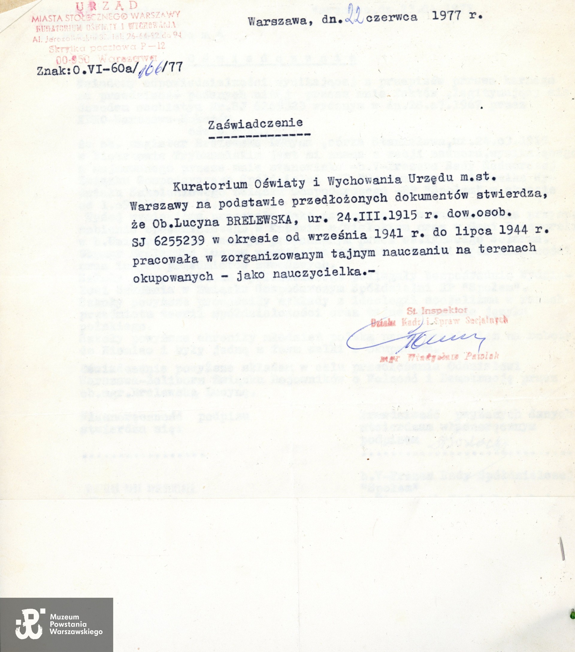 Zaświadczenie u udziale Lucyny Brelewskiej w tajnym kształceniu w latach 1941-1944.