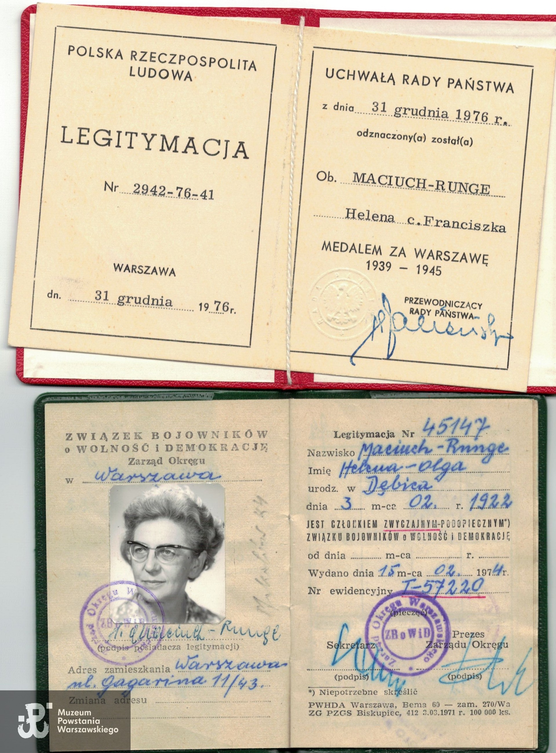 Legitymacje odznaczeniowe Heleny Habas-Maciuch-Runge, skan nadesłał p. Tadeusz Habas, bratanek p. Heleny