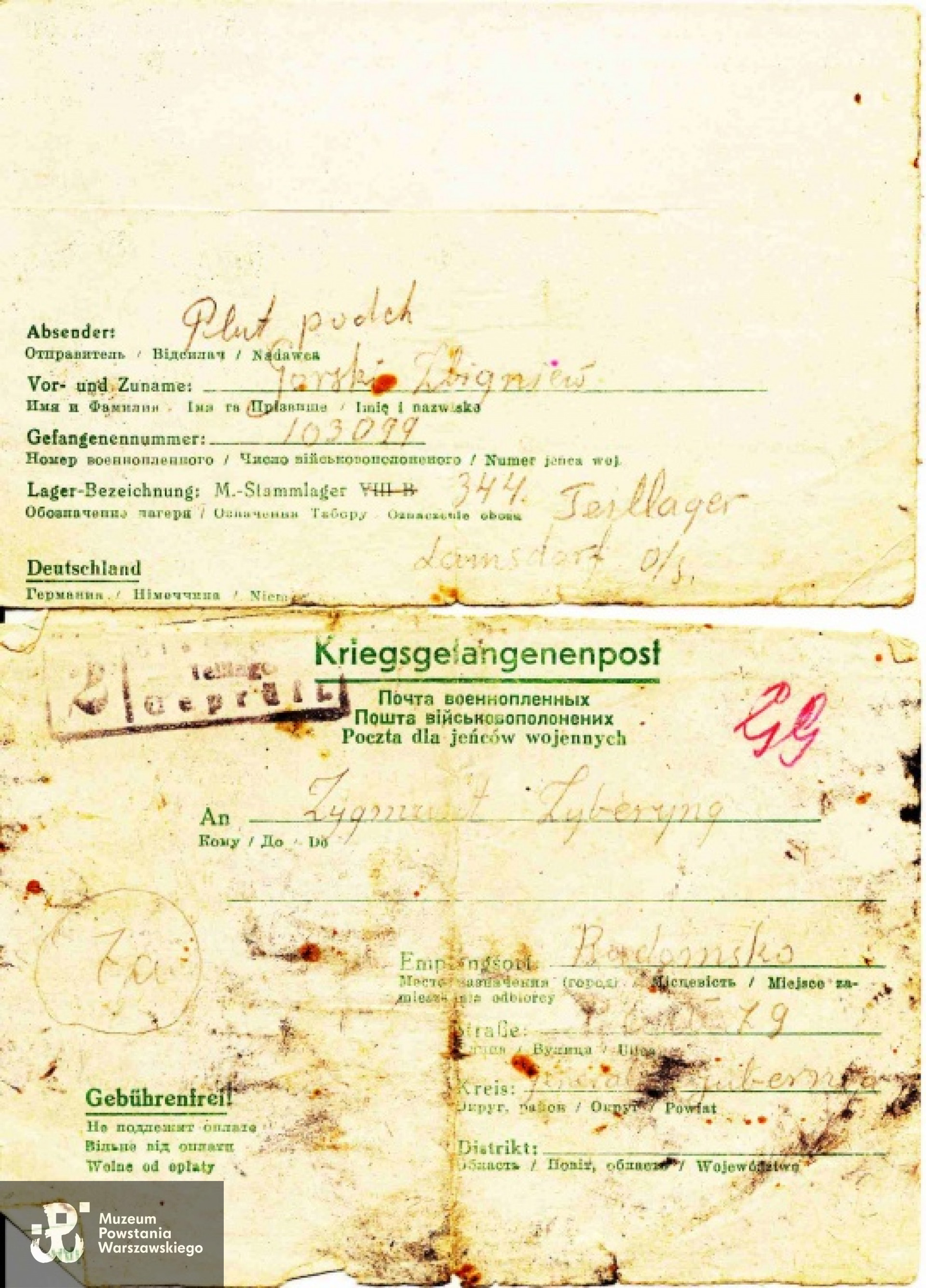 Listy obozowe Z. Górskiego z  archiwum rodzinnego.