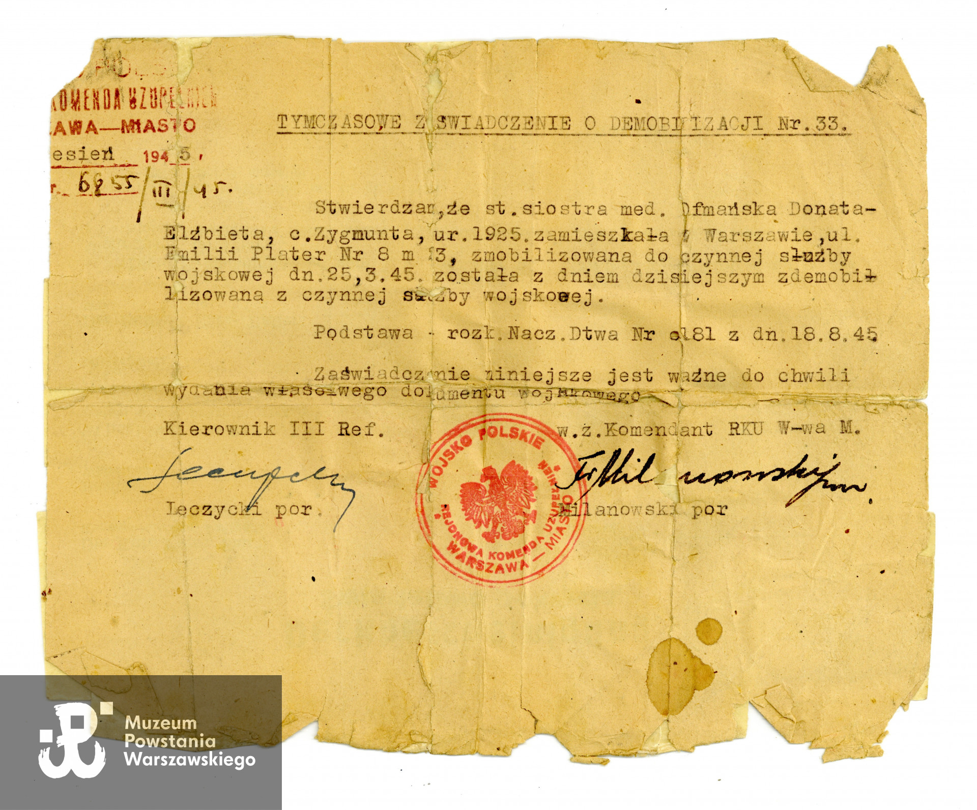 Tymczowe zaświadczenie o demobilizacji wystawione na nazwisko Donata Elżbieta Ofmańska (1945).  Ze zbiorów Muzeum Powstania Warszawskiego, sygn. P/9735/23