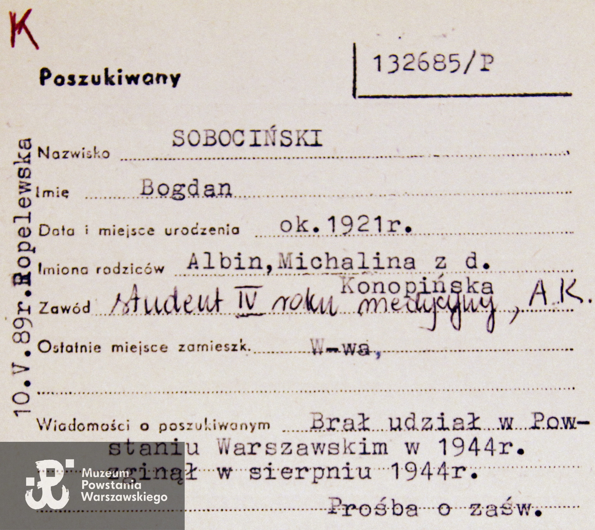 PCK – kartoteka. Tu podano: student IV roku medycyny