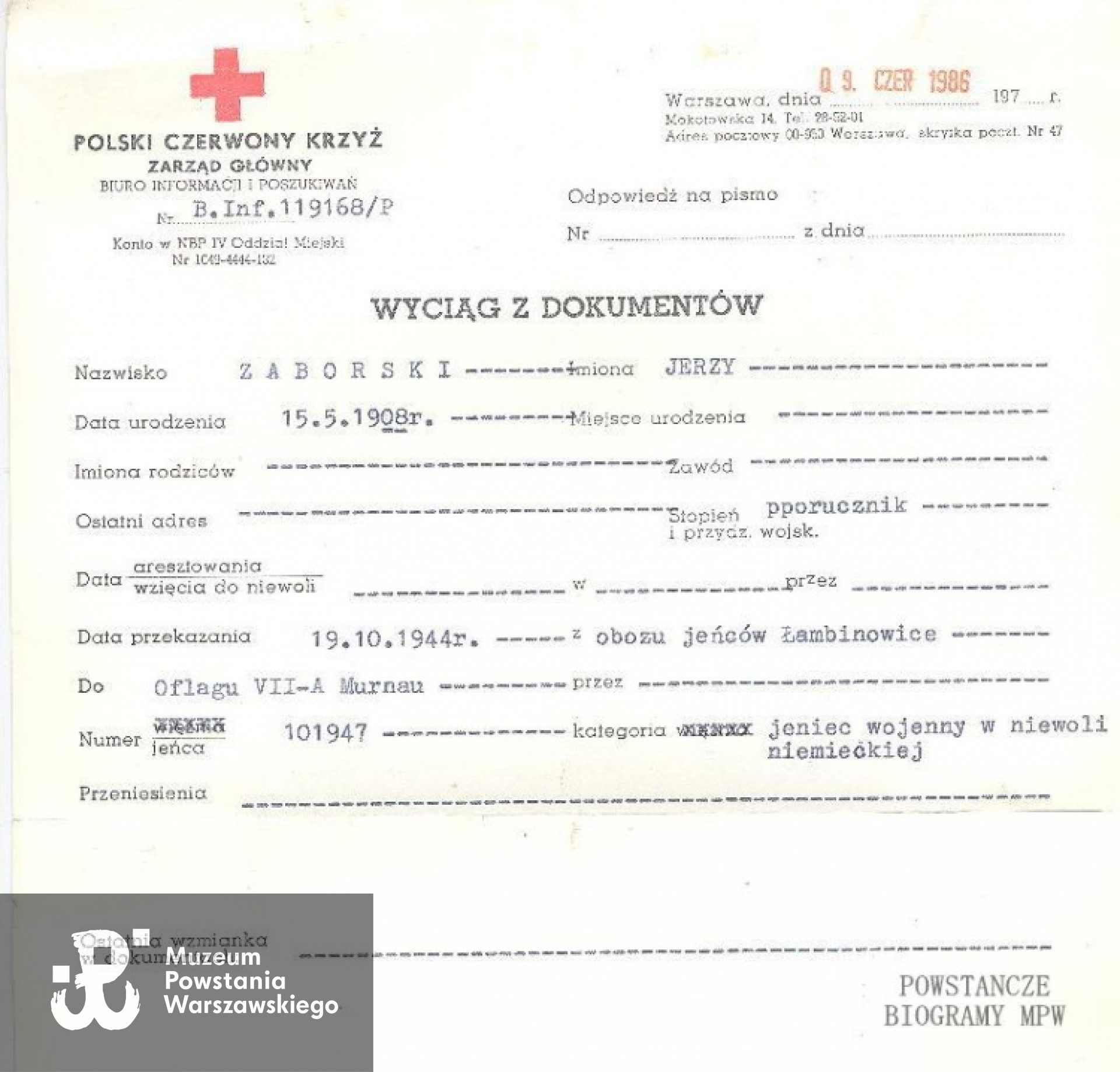 Zaświadczenie Polskiego Czerwonego Krzyża. Fot. archiwum rodzinne