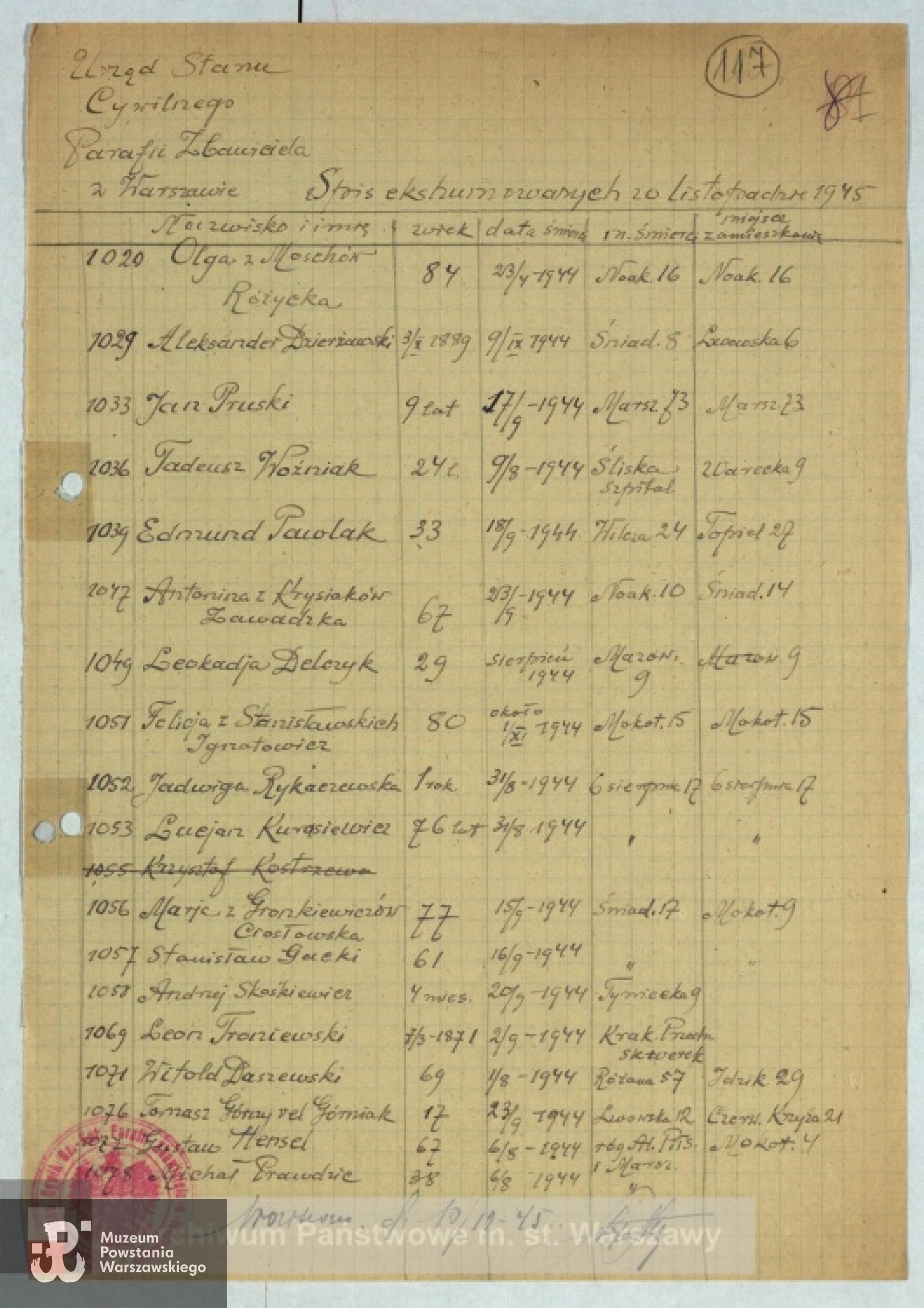 Lista ekshumacyjna - Archiwum Państwowe m. st. Warszawy