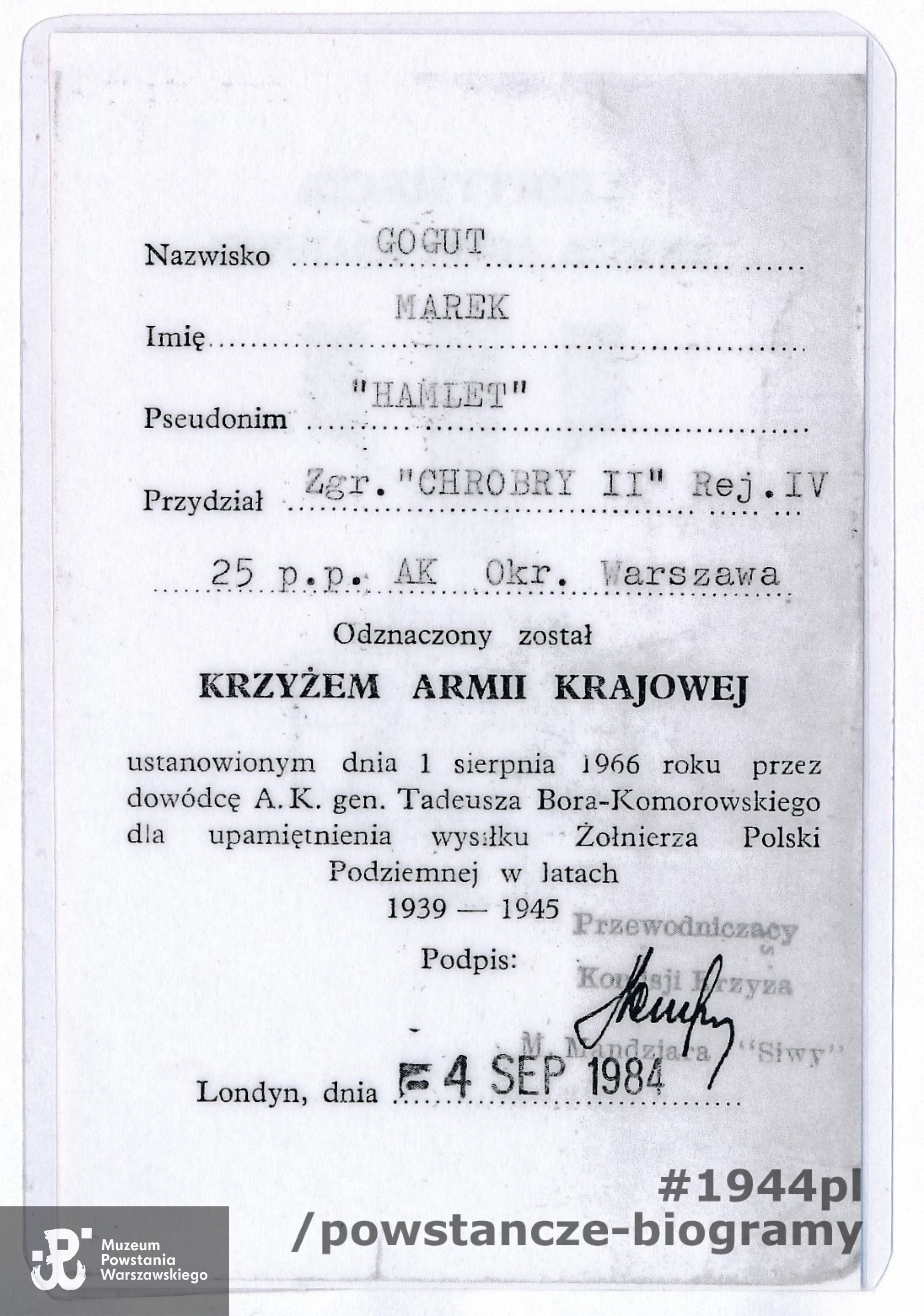 Ze zbiorów p. Marka Goguta ps. Hamlet. Skan - Muzeum Powstania Warszawskiego/Pokój Kombatanta MPW