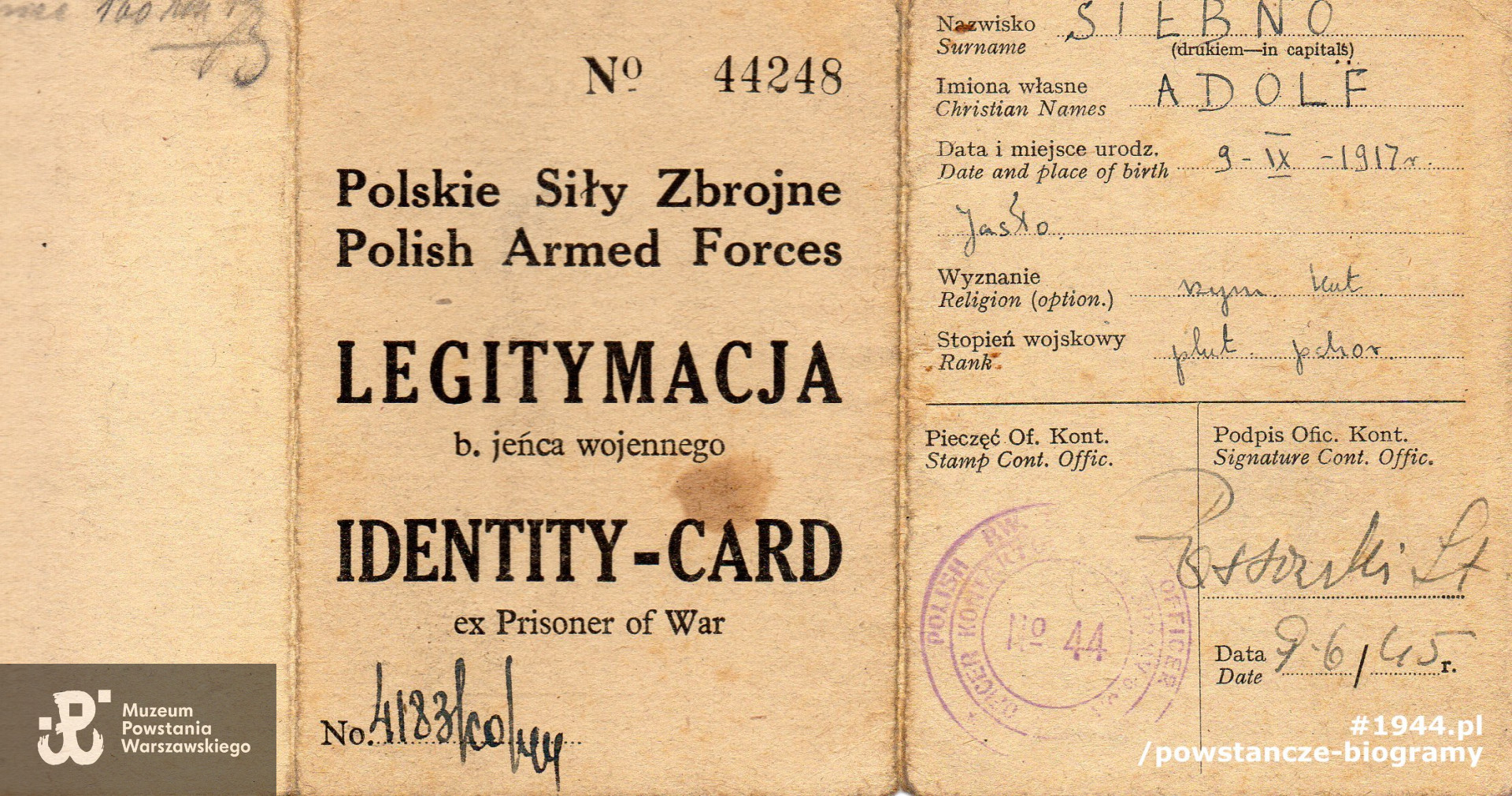 Należąca do Adolfa Kamińskiego legitymacja  byłego jeńca wojennego, wystawiona na nazwisko Adolf Stebno. Dokument z archiwum rodzinnego  p. Edwarda Kamińskiego