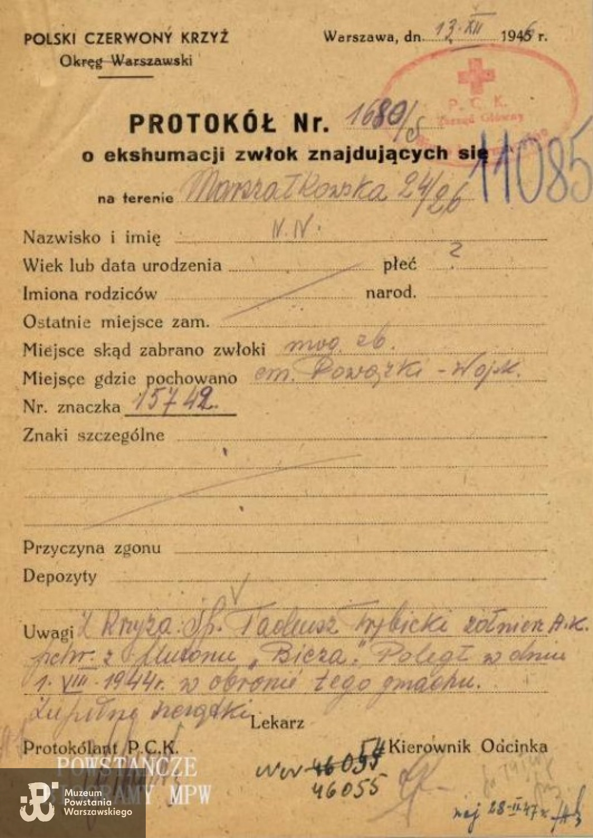 Protokół ekshumacyjny. Ze zbiorów PCK. Fot. MPW