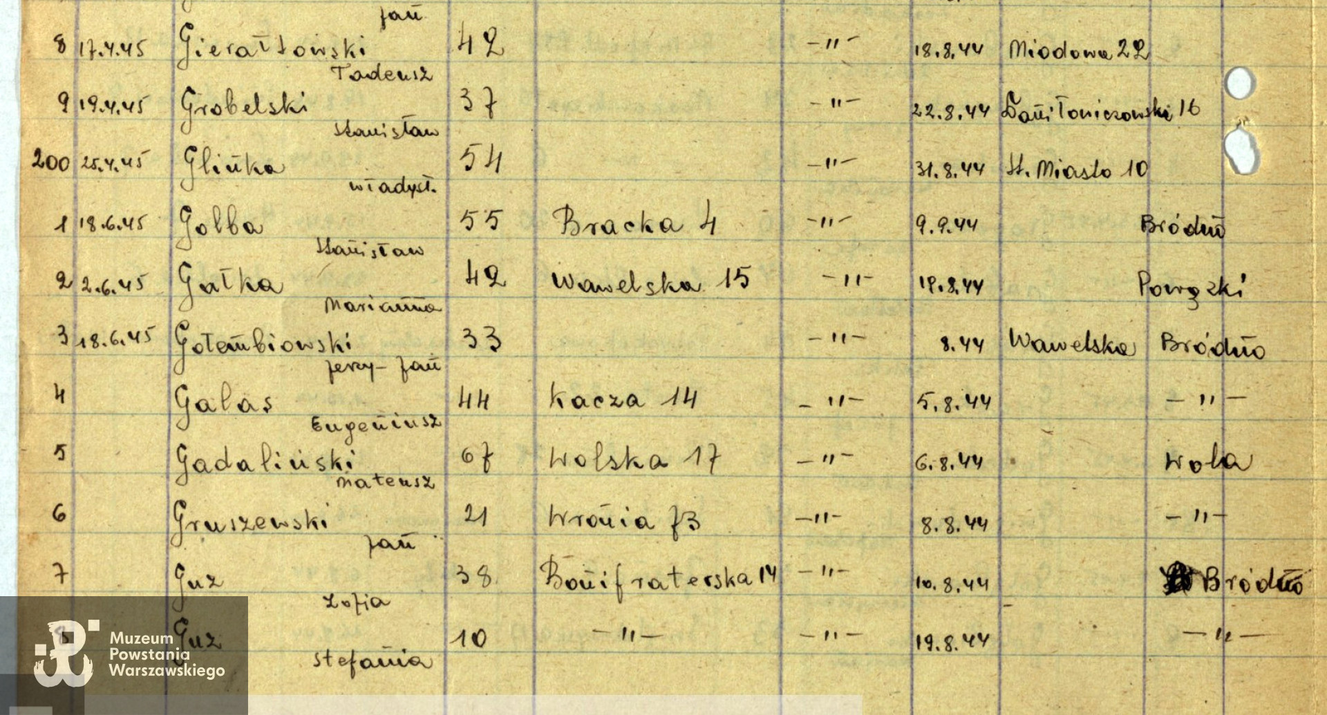 Archiwum Państwowe m. st. Warszawy - listy ekshumowanych. Tu zapis nazwiska Gołembiowski
