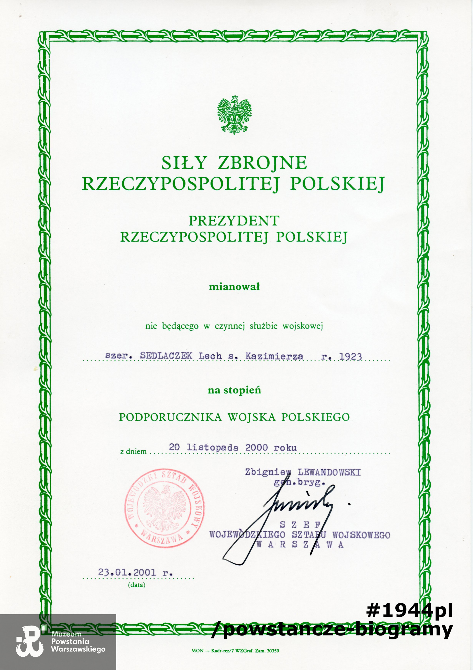 Awans na podporucznika WP. Z archiwum rodzinnego p. Lecha Sedlaczka ps. Hak