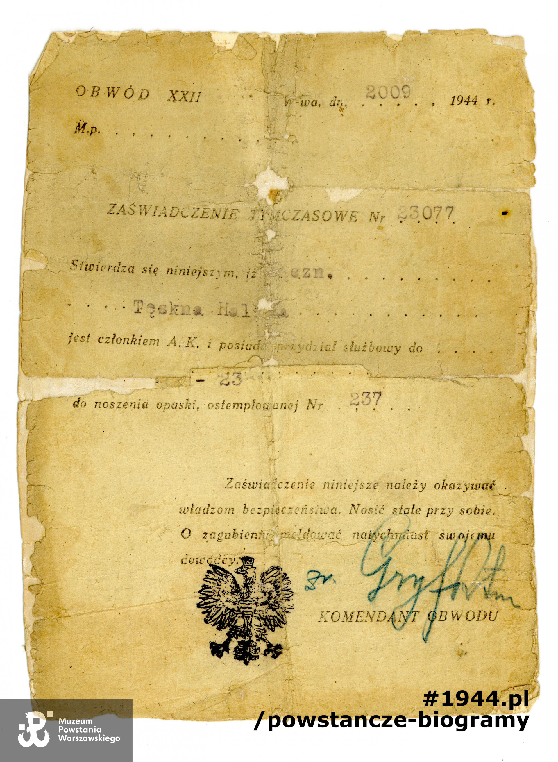 Zaświadczenie tymczasowe wystawione dla łączniczki Haliny ps. "Tęskna", z dn. 20.09.1944. Ze zbiorów Muzeum Powstania Warszawskiego, sygn. P/7837/13, dar brata, p. Janusza Kieszczyńskiego