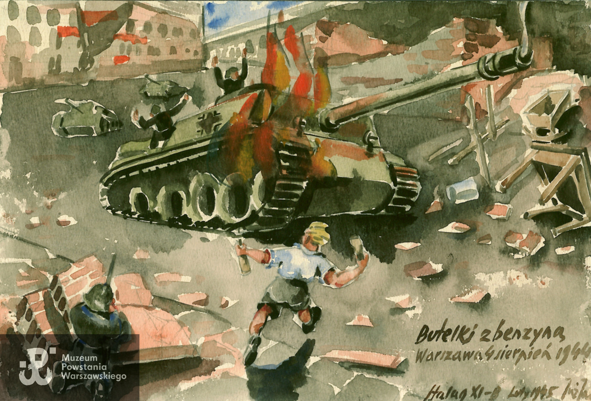 Akwarela autorstwa Waleriana Bieleckiego prezentowana na wystawie  prac Waleriana Bieleckiego w Sali Rycerskiej Muzeum Wojska w Białymstoku pt. " Z Kubusiem przez Powstanie". Fot. materiały prasowe organizatora