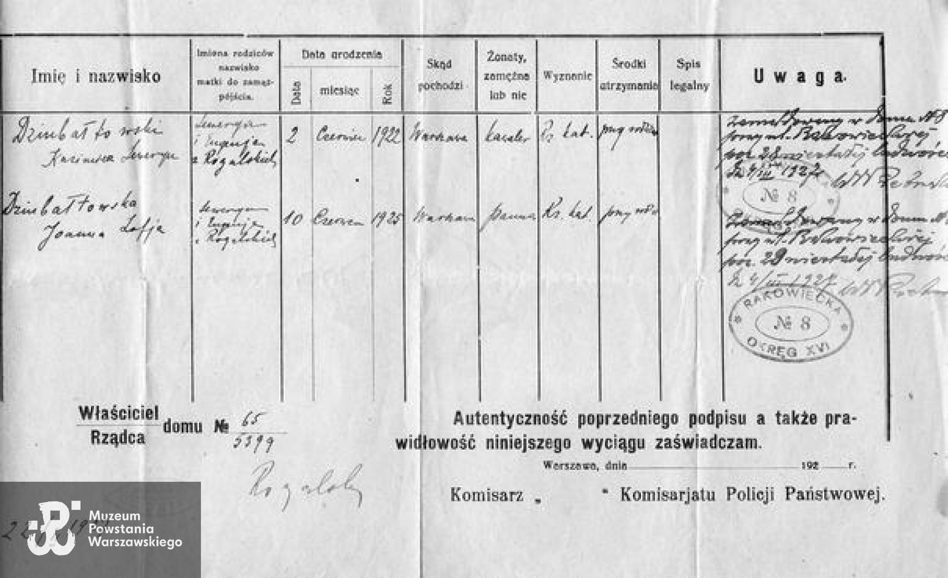 Wypis z księgi meldunkowej. Ze zbiorów Antoniego Miernika.