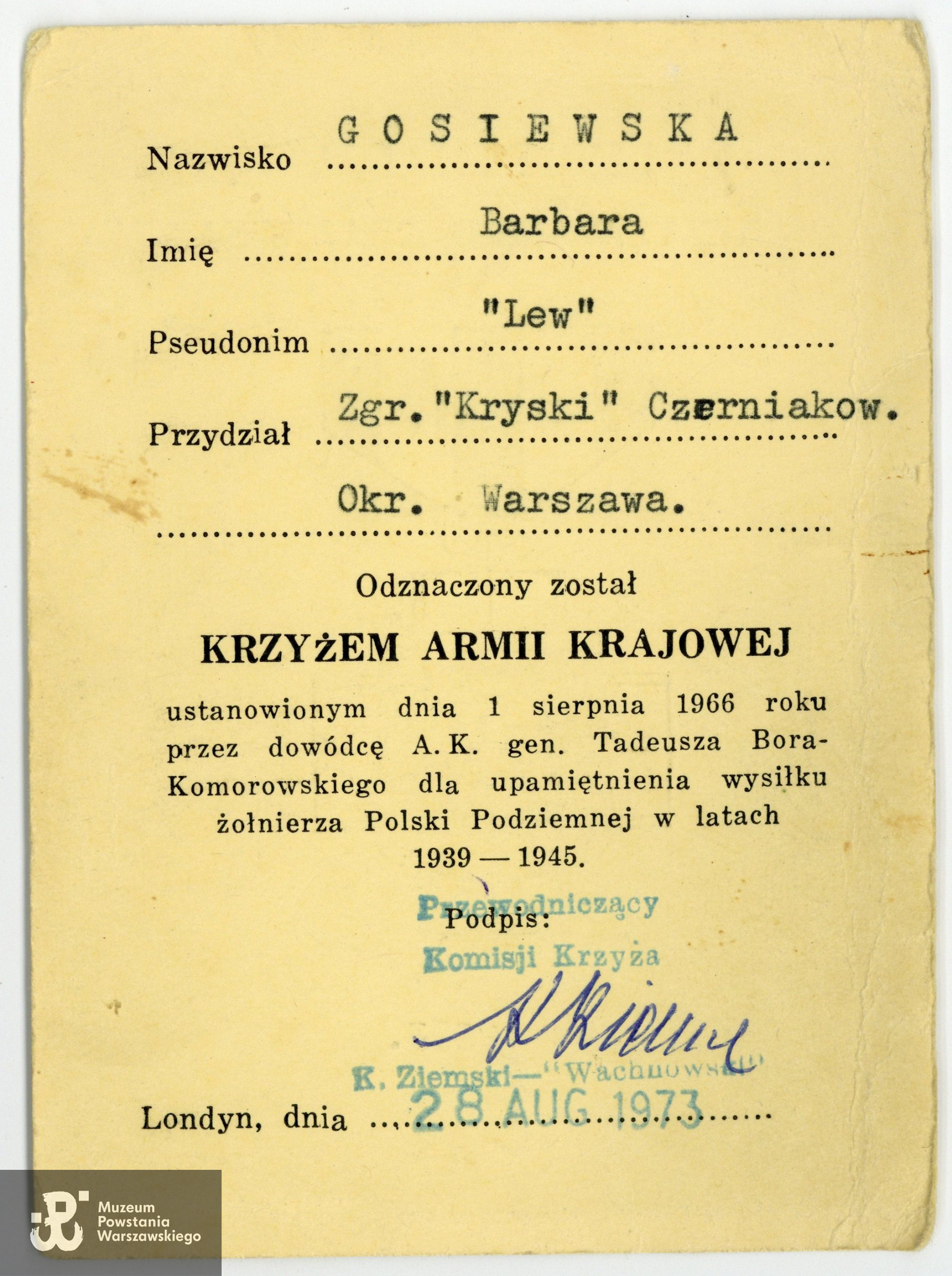 Dokument ze zbiorów rodzinnych p. Barbary Piętki