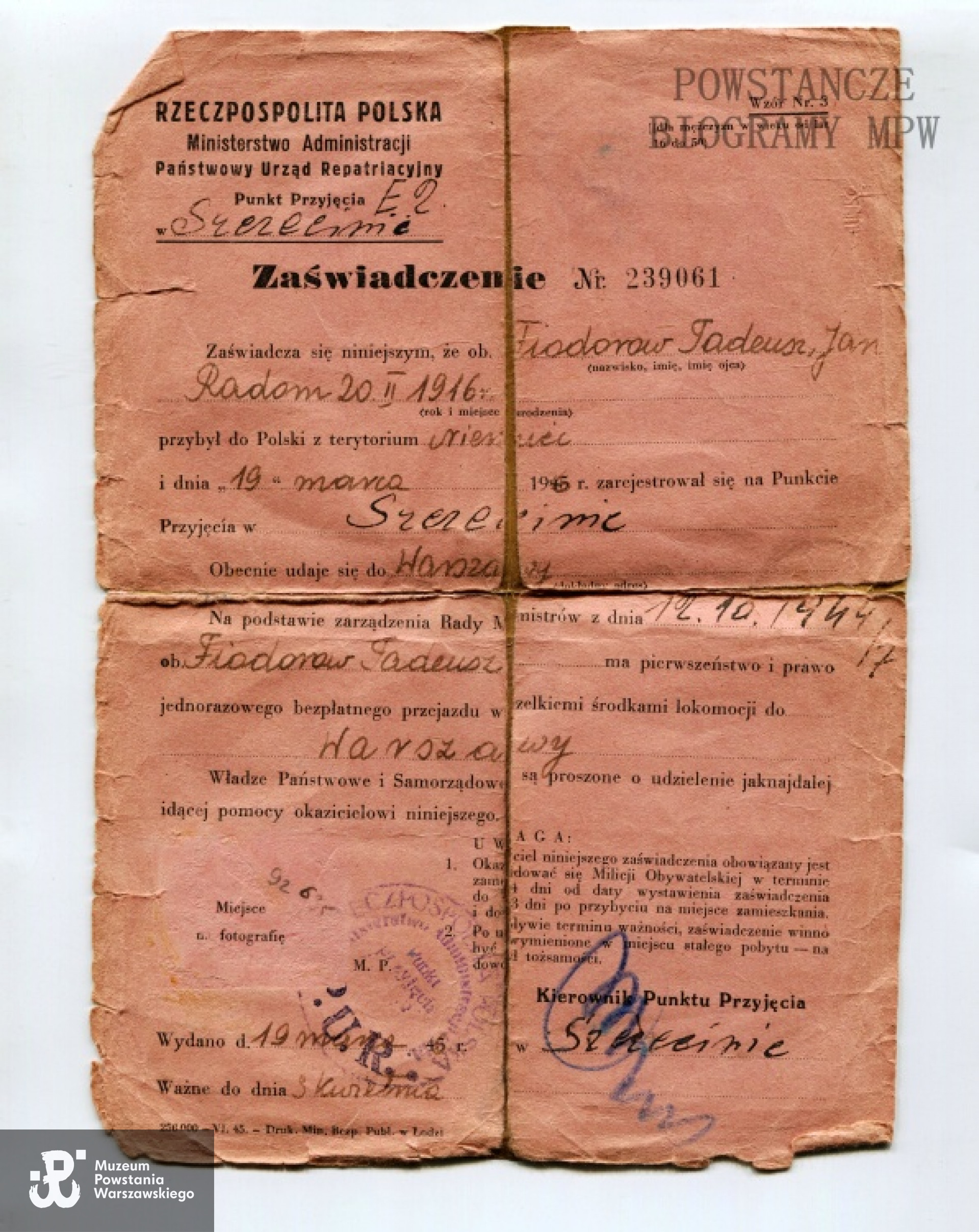 Zaświadczenie PUR. Z archiwum rodzinnego syna.