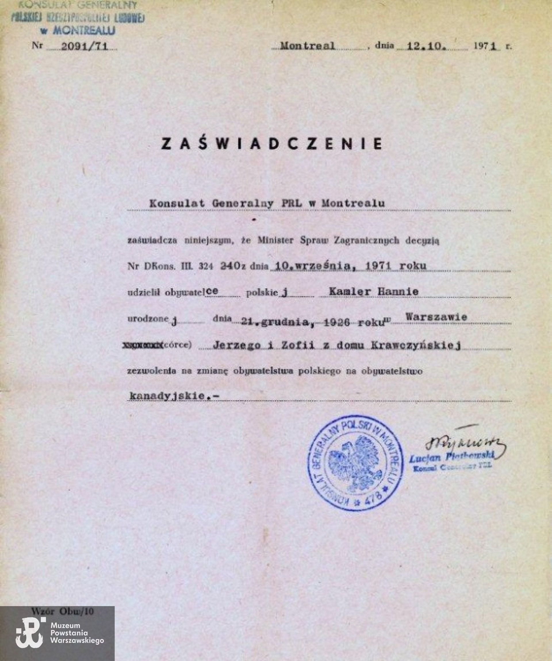 Zezwolenie na zmianę obywatelstwa polskiego na kanadyjskie 1971