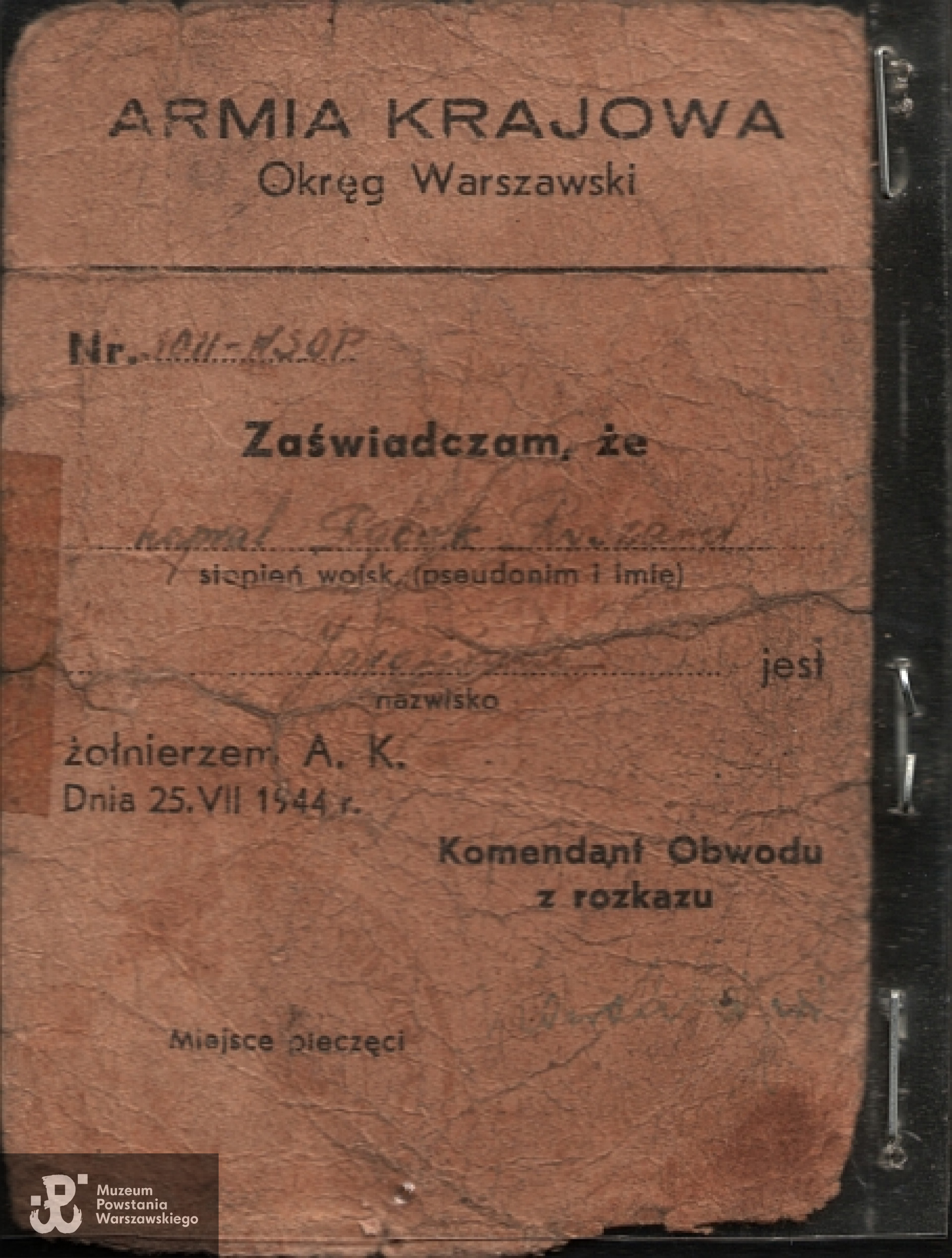 Powstańcza legitymacja kpr. "Rybaka"