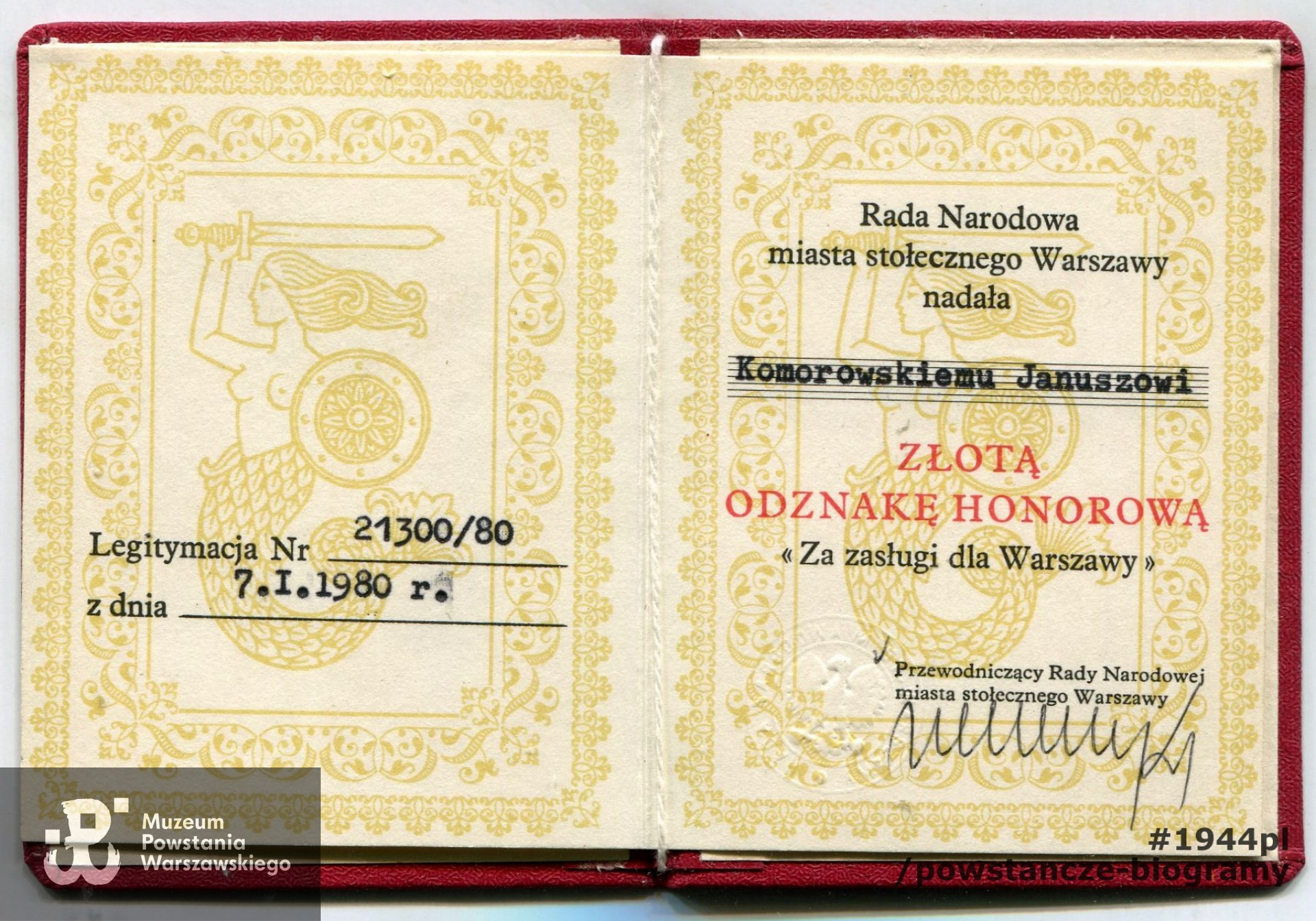 Legitymacja  ze zbiorów p. Janusza Komorowskiego ps. „Antek”. Skan - materiały do Słownika Uczestników PW/Pokój Kombatanta MPW