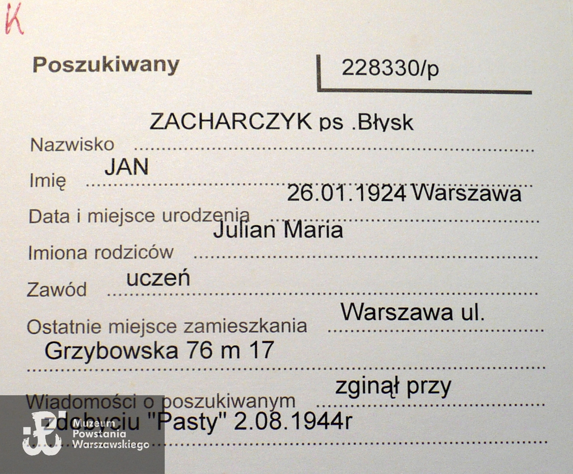 PCK - kartoteka, na dokumencie błędna data śmierci 2.08.1944