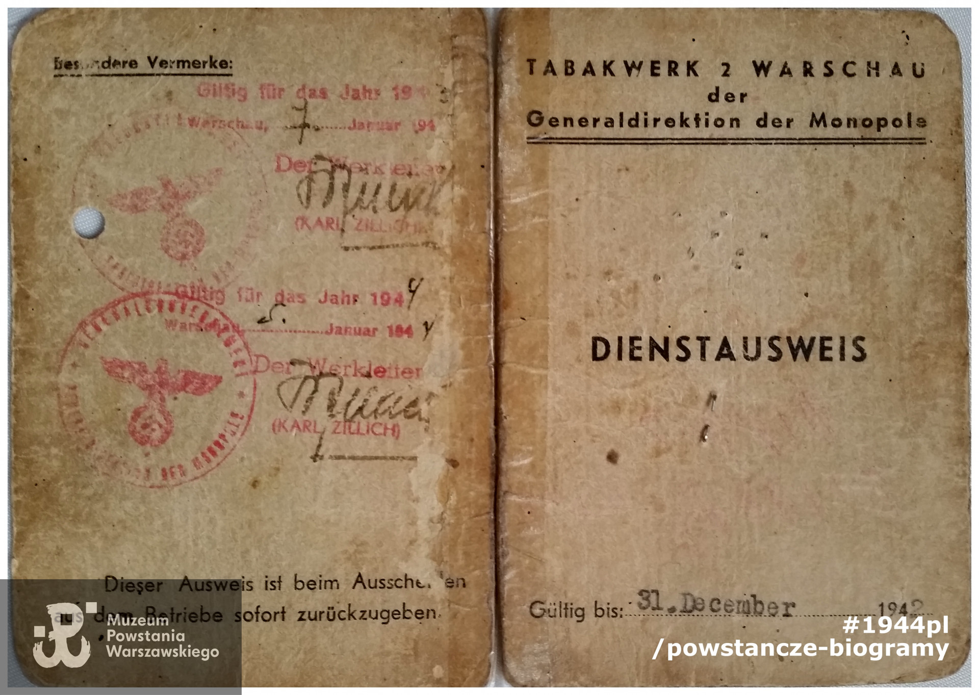  Należący do Kazimierza Klimczaka okupacyjny Ausweis. Z archiwum prywatnego p. Kazimierza Klimczaka ps. "Szron"