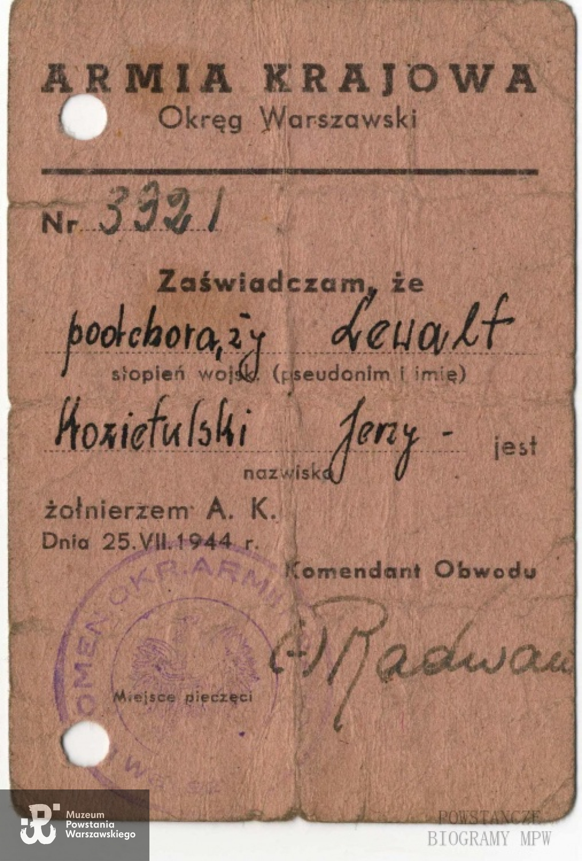 Legitymacja AK pchor. Jerzego Kozietulskiego. Z archiwum rodzinnego Piotra Skarbka - Kozietulskiego