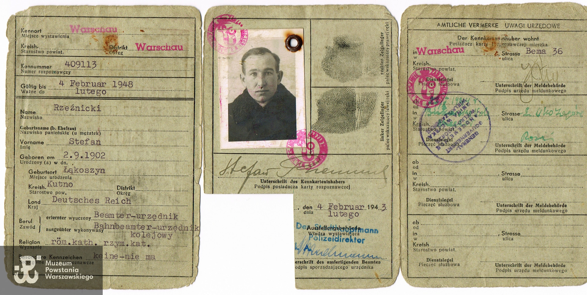 Kenkarta (karta tożsamości) sierż. Stefana Rzeźnickiego ps. Staw z okresu okupacji niemieckiej. Skan w imieniu p. Barbary Zakrzewski udostępnił p. Jarosław Rzeźnicki, wnuk Powstańca
