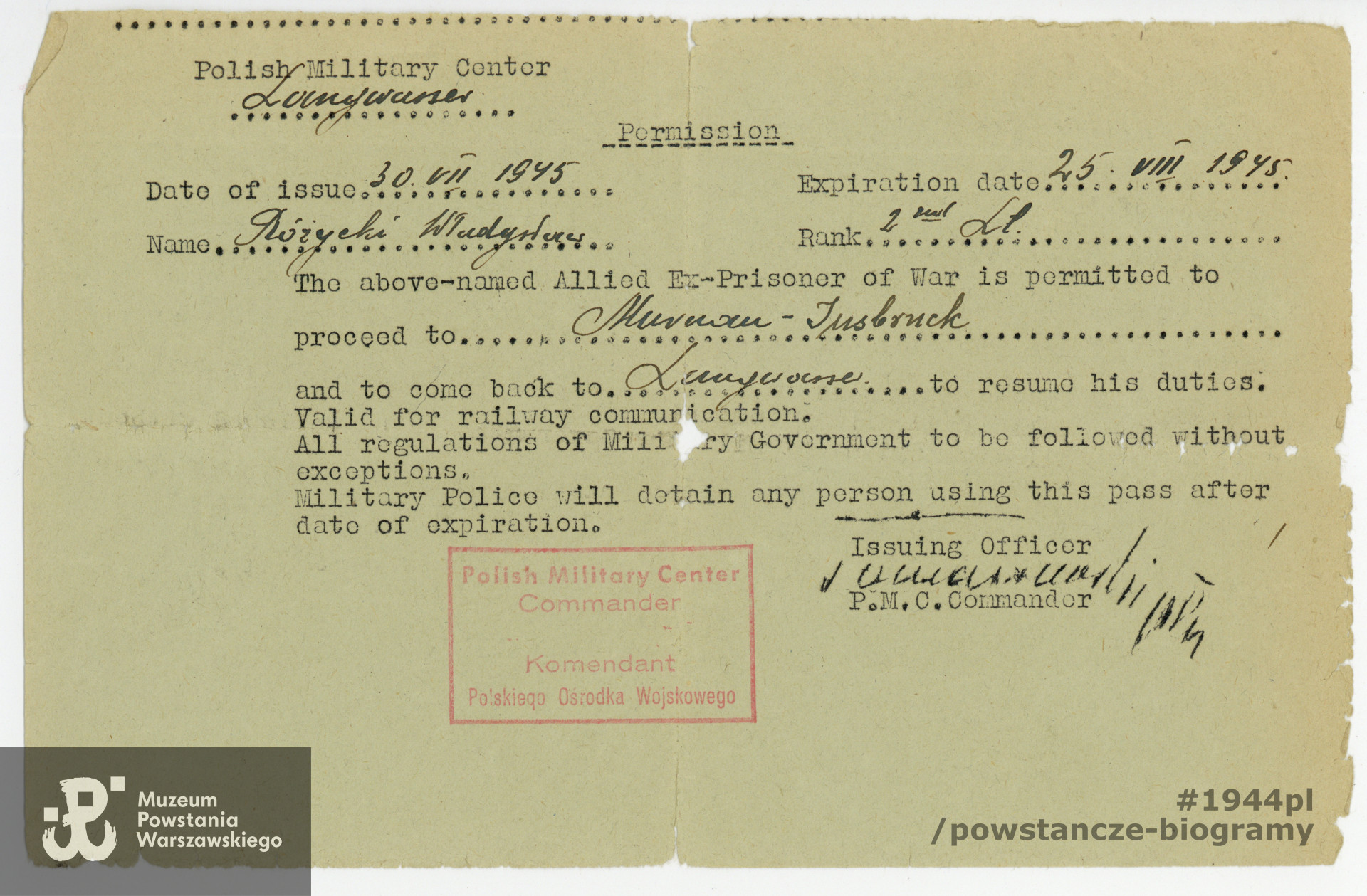 Zezwolenie wystawione przez Komendanta Polskiego Ośrodka Wojskowego w Langwasser koło Norymbergi. Dokument z archiwum rodzinnego p. Krystyny Kujawy - Trzaskowskiej.