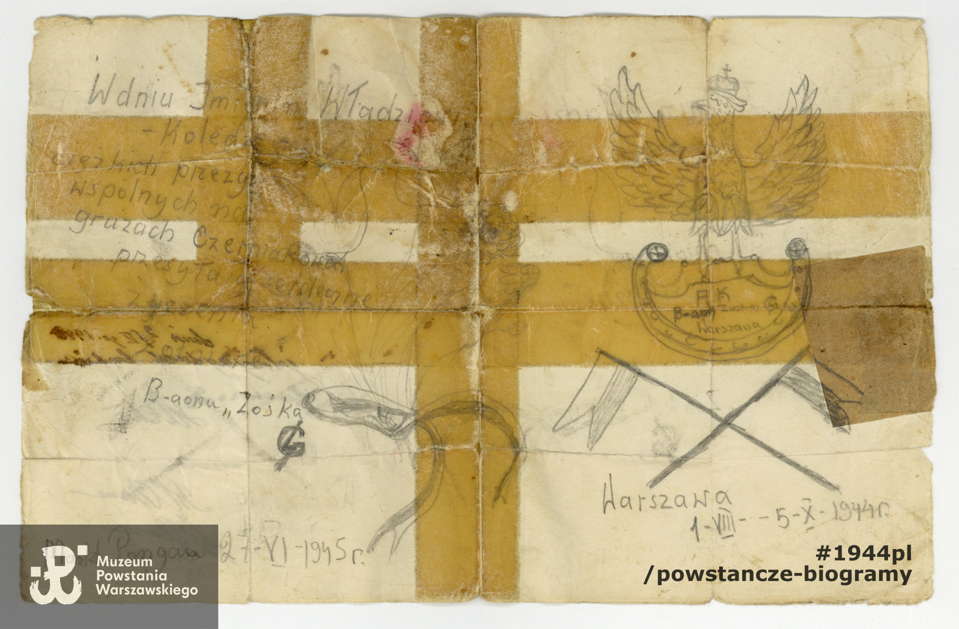 Życzenia imieninowe od przebywających w niewoli żołnierzy batalionu „Zośka” - widoczna dedykacja: <i> W dniu imienin Władziowi - Koledze z ciężkich przeżyć wspólnych na gruzach Czerniakowa, przesyłają serdeczne życzenia żołnierze baonu „Zośka". 27 VI 1945"</i> - oryginał listu.