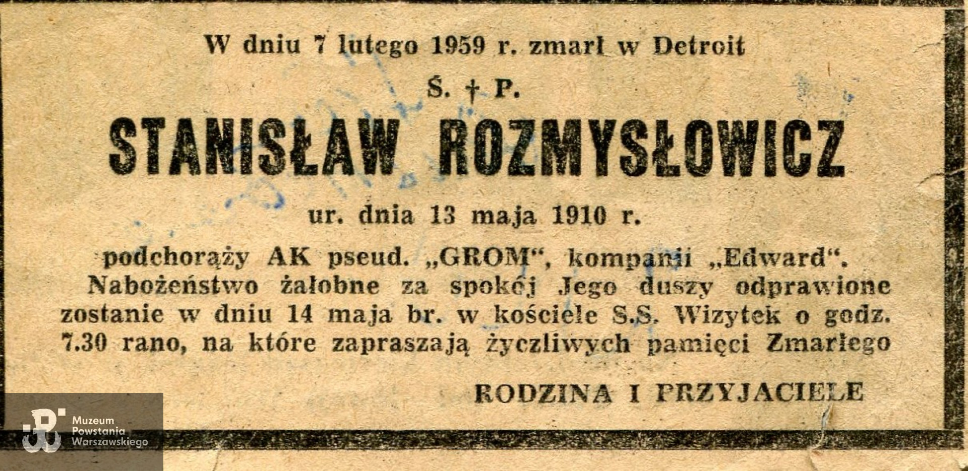 Nekrolog prasowy, 1959. Ze zbiorów rodzinnych udostępnił p. Mirosław Wojciech Kozłowski