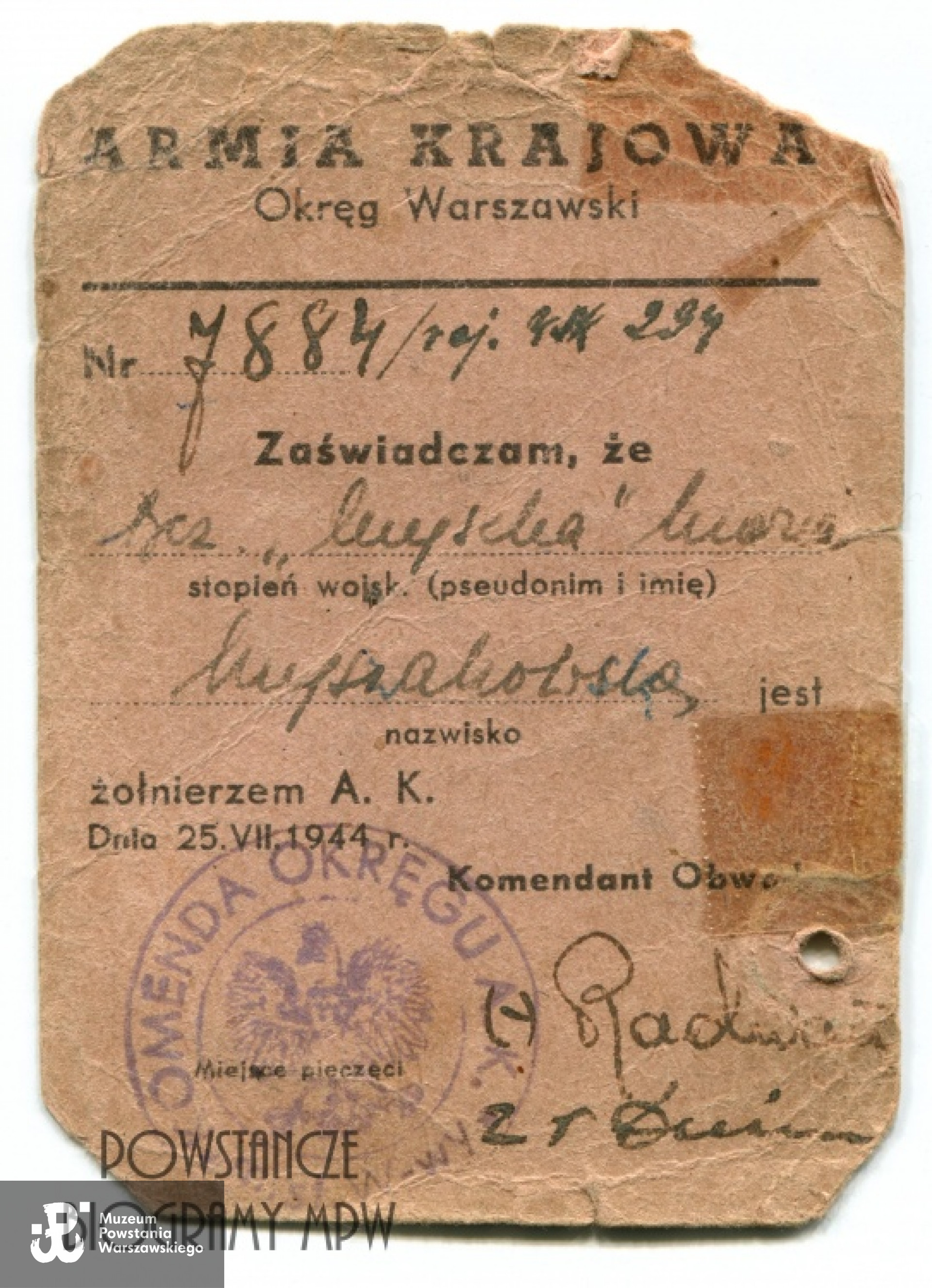 Legitymacja AK "Myszki". Z archiwum rodzinnego Marii Bourquin - Rulskiej, obecnie w zbiorach MPW, sygn. P/8408