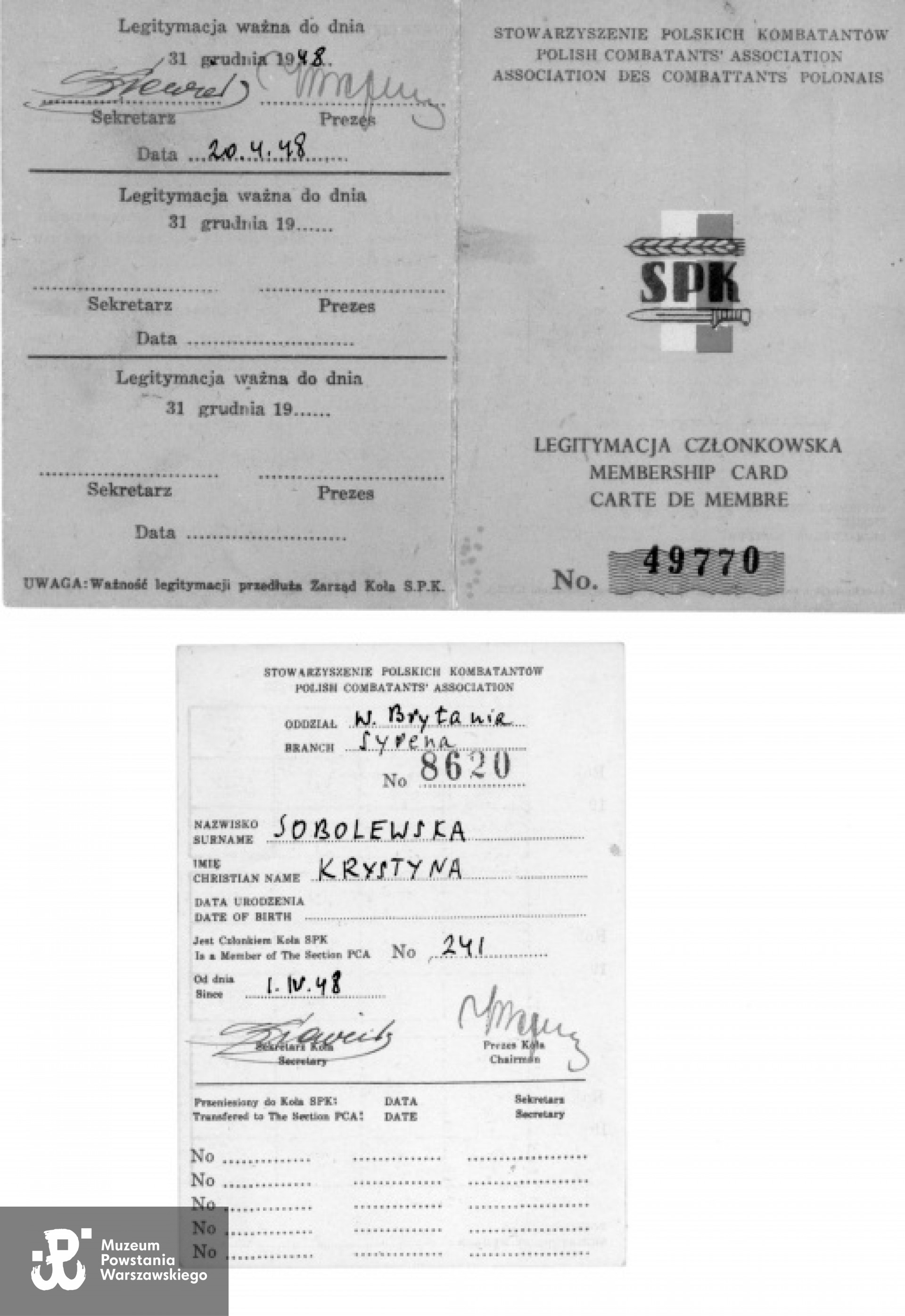 Legitymacja członkowska Stowarzyszenia Polskich  Kombatantów wystawione już na nazwisko Krystyna Sobolewska. Archiwum rodzinne Joe Sobolewskiego.