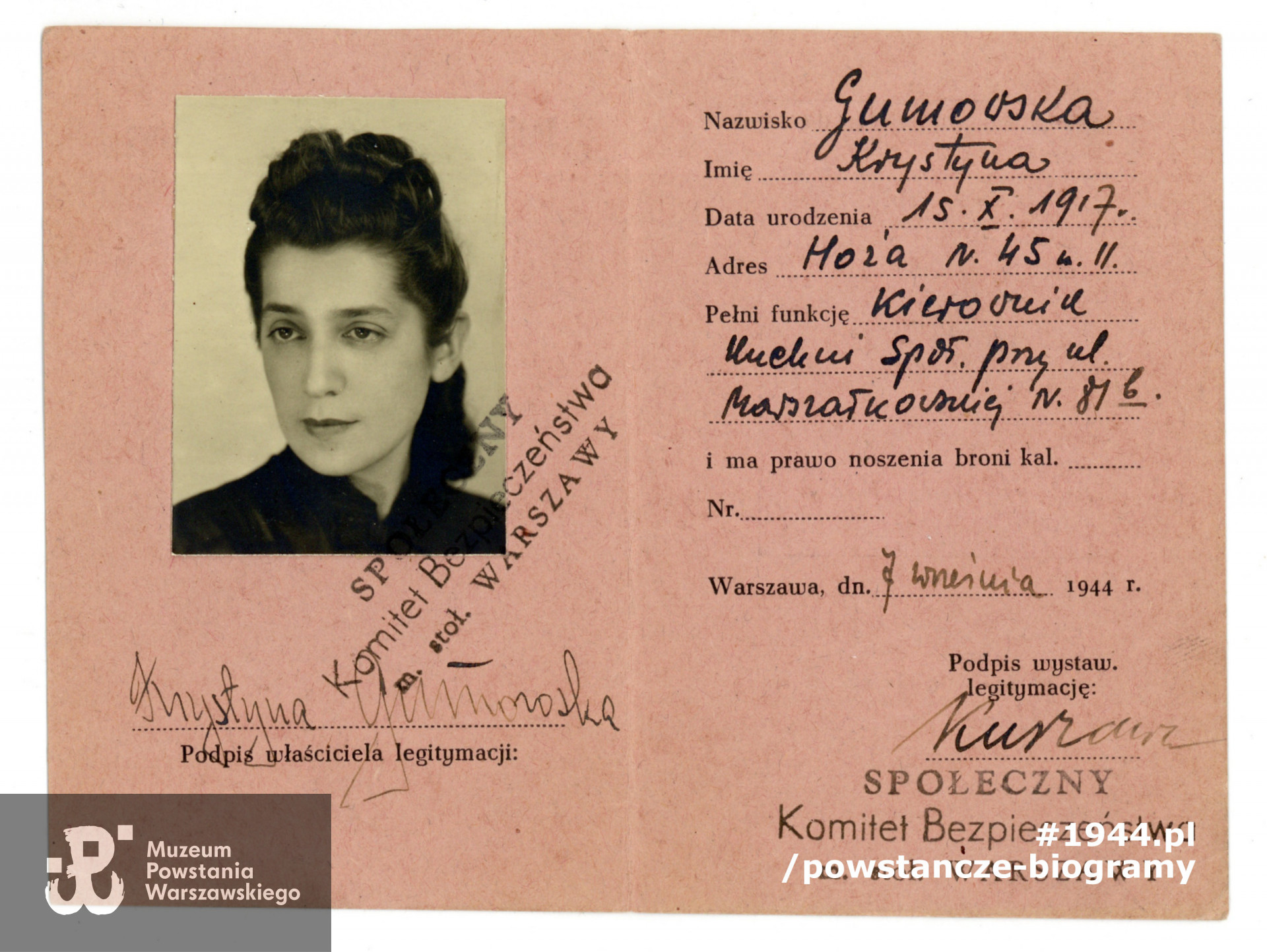 Należąca do Krystyny Gumowskiej legitymacja wydana podczas Powstania Warszawskiego przez Społeczny Komitet Bezpieczeństwa m.st. Warszawy. Ze zbiorów Muzeum Powstania Warszawskiego, sygn. MPW-A/898 [A/898, Akc.5/98]
