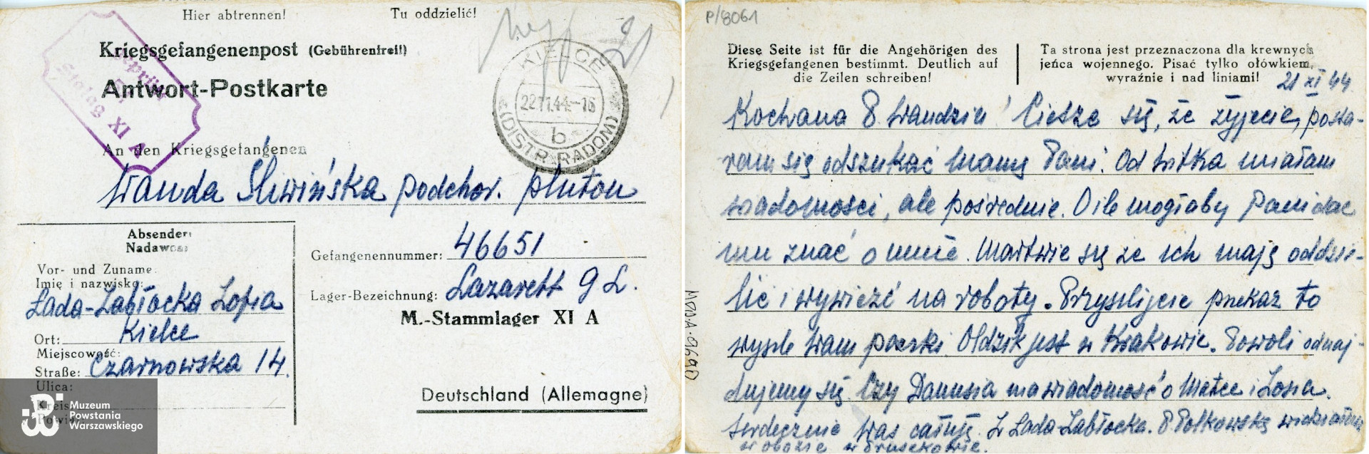 Karta pocztowa na zwrotnym blankiecie obozowym, napisana przez Zofię Łada-Zabłocką z Kielc do Wandy Śliwińskiej, jeńca Stalagu XI A Altengrabow. Zbiory Muzeum Powstania Warszawskiego; sygn. MPW-A-9690.