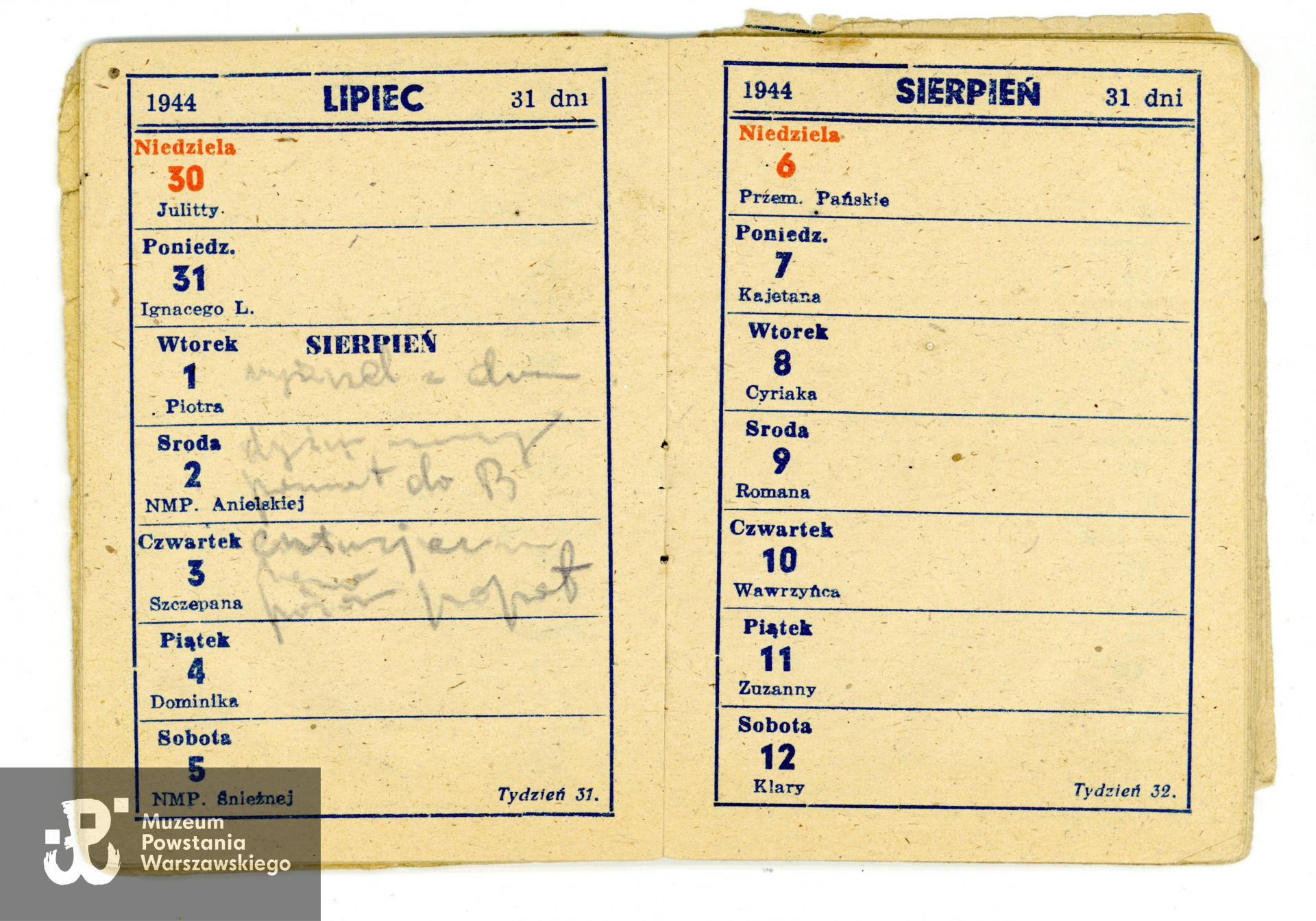 Należący do Feliksy Tomaszewskiej ps. Elipsa kalendarzyk z 1944 roku z zapiskami z sierpnia. Ze zbiorów rodzinnych, udostępnili p. Jacek Krzysztof Moskwa i p. Stanisław  Piotr Moskwa, synowie. Skany wykonano w Muzeum Powstania Warszawskiego, 03/2024