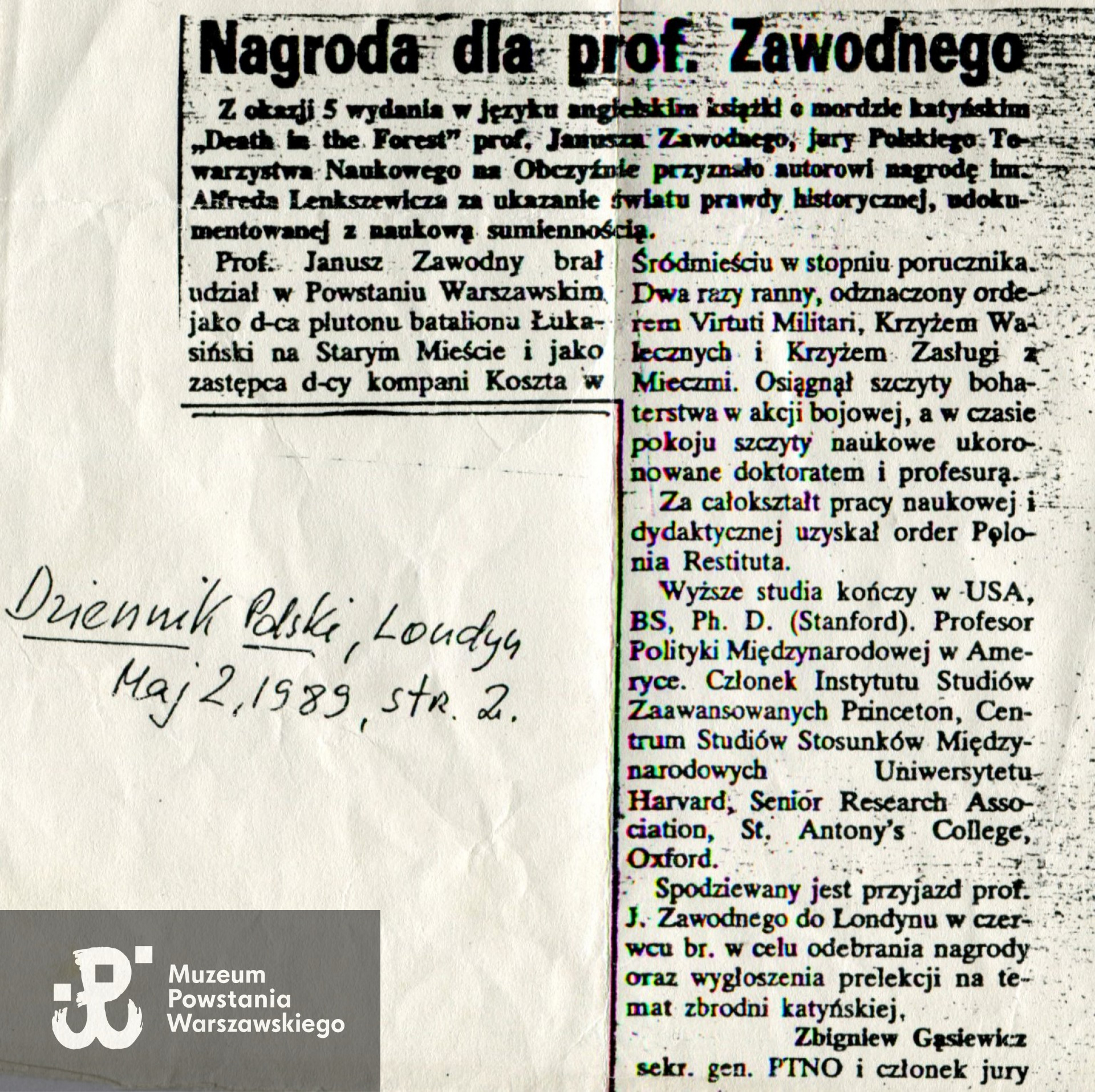 Skan: materiały do Słownika Biograficznego Uczestników Powstania Warszawskiego - Pokój Kombatanta, udostępnia p. Janina Jankowska