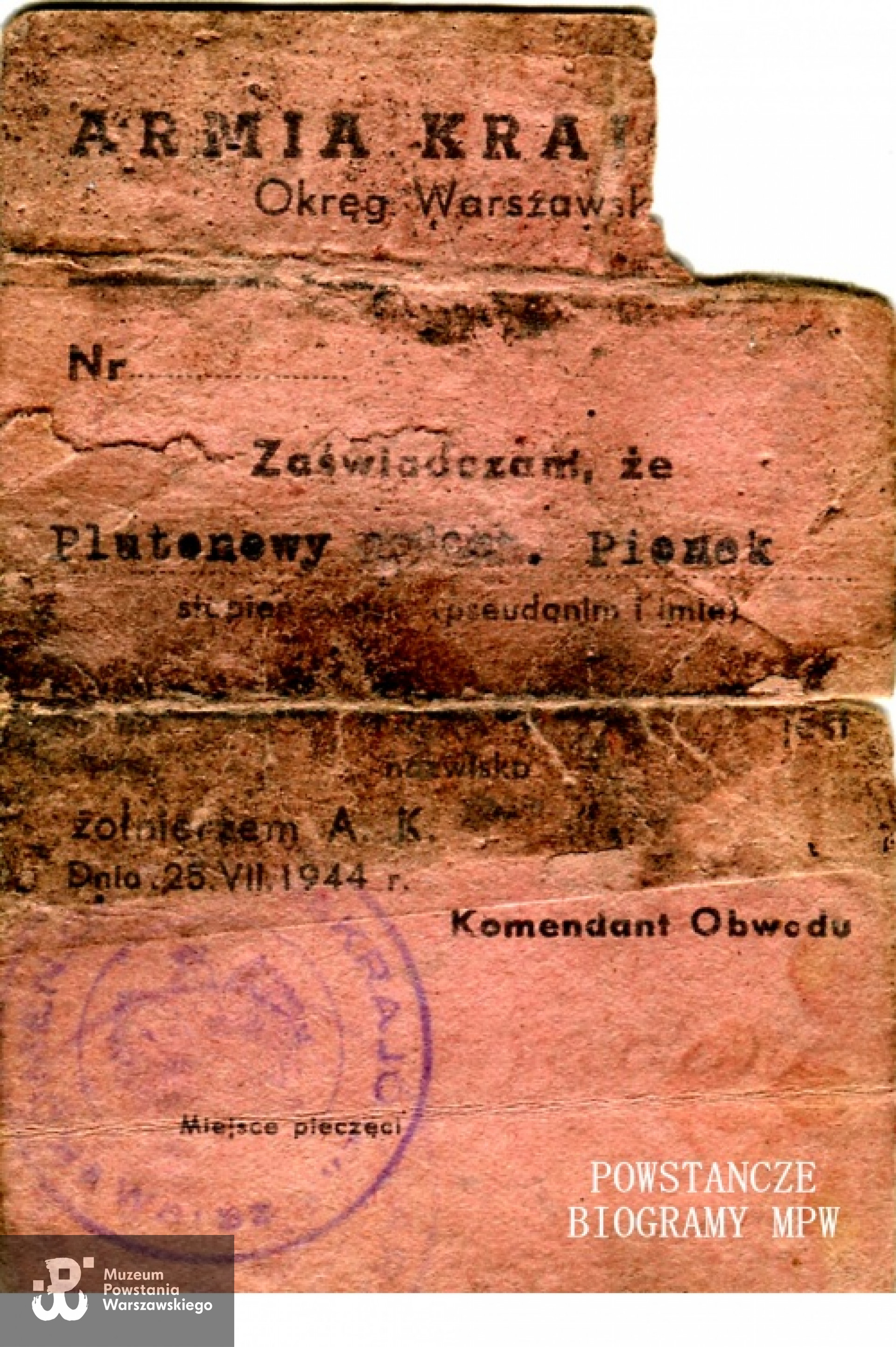 Zachowana legitymacja AK Stanisława Jarzyny. Fot. z archiwum rodzinnego Olgi Kucharczyk z d. Niwińskiej